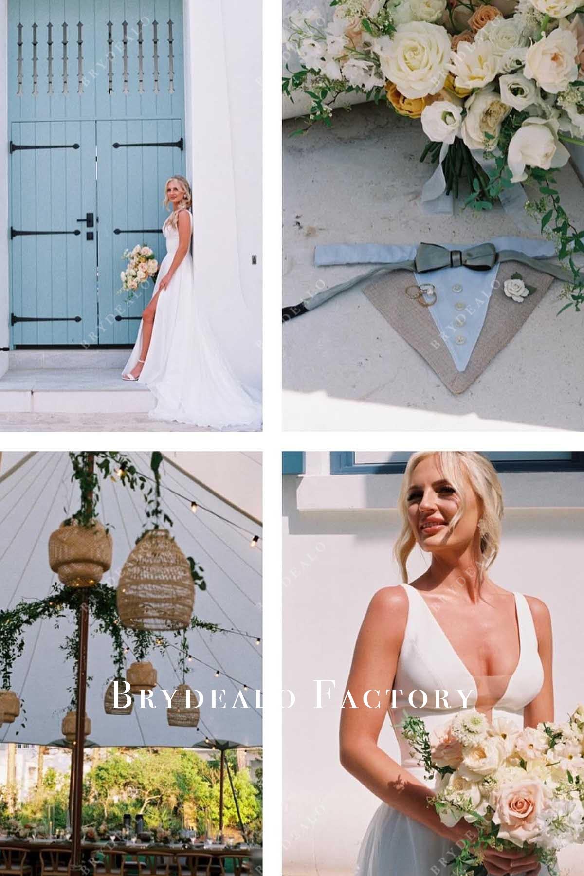 white slit a line wedding dress