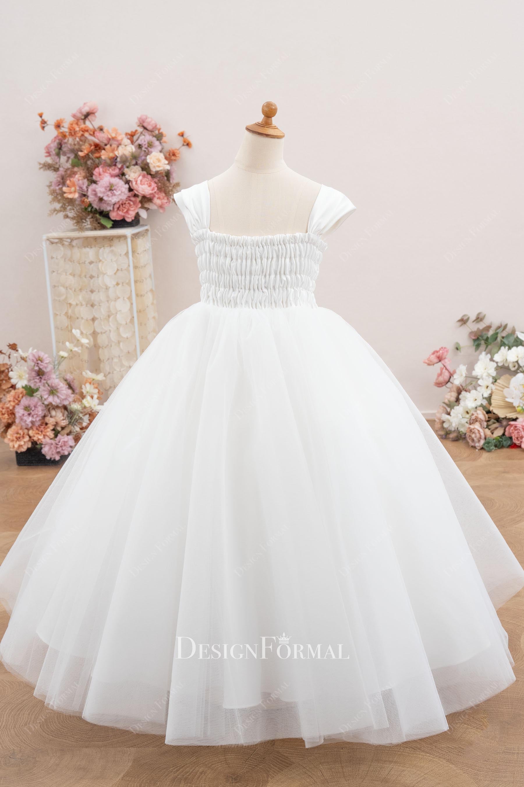 white square neck flower girl ballgown