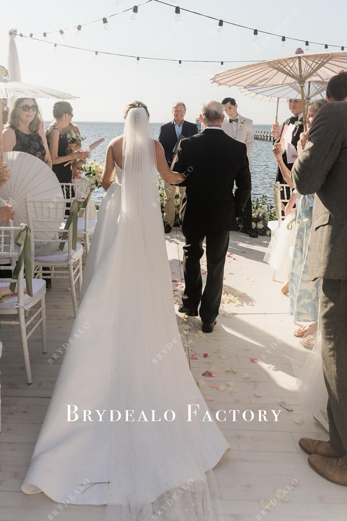 white strapless chapel train wedding dress