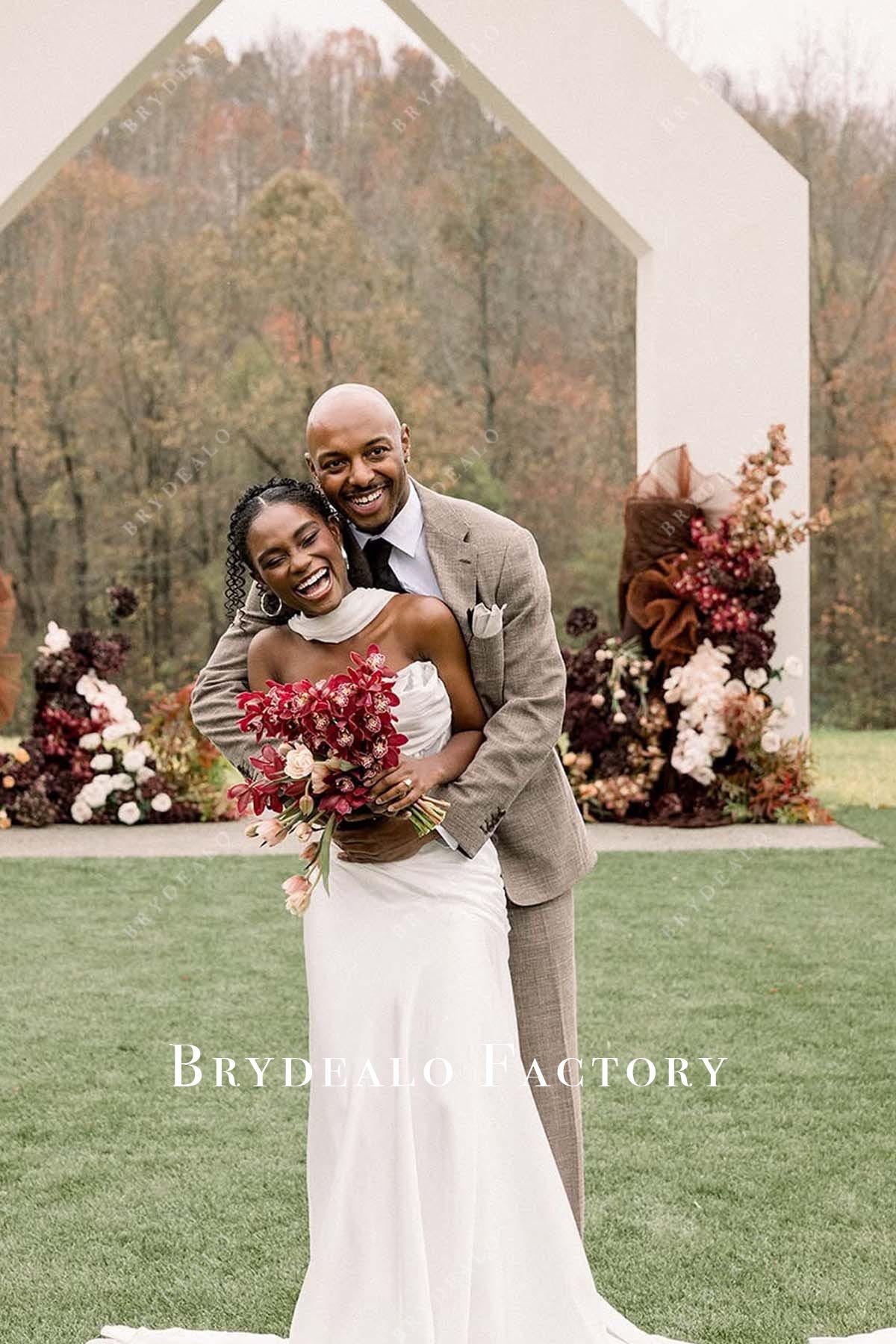 white strapless scarf wedding dress