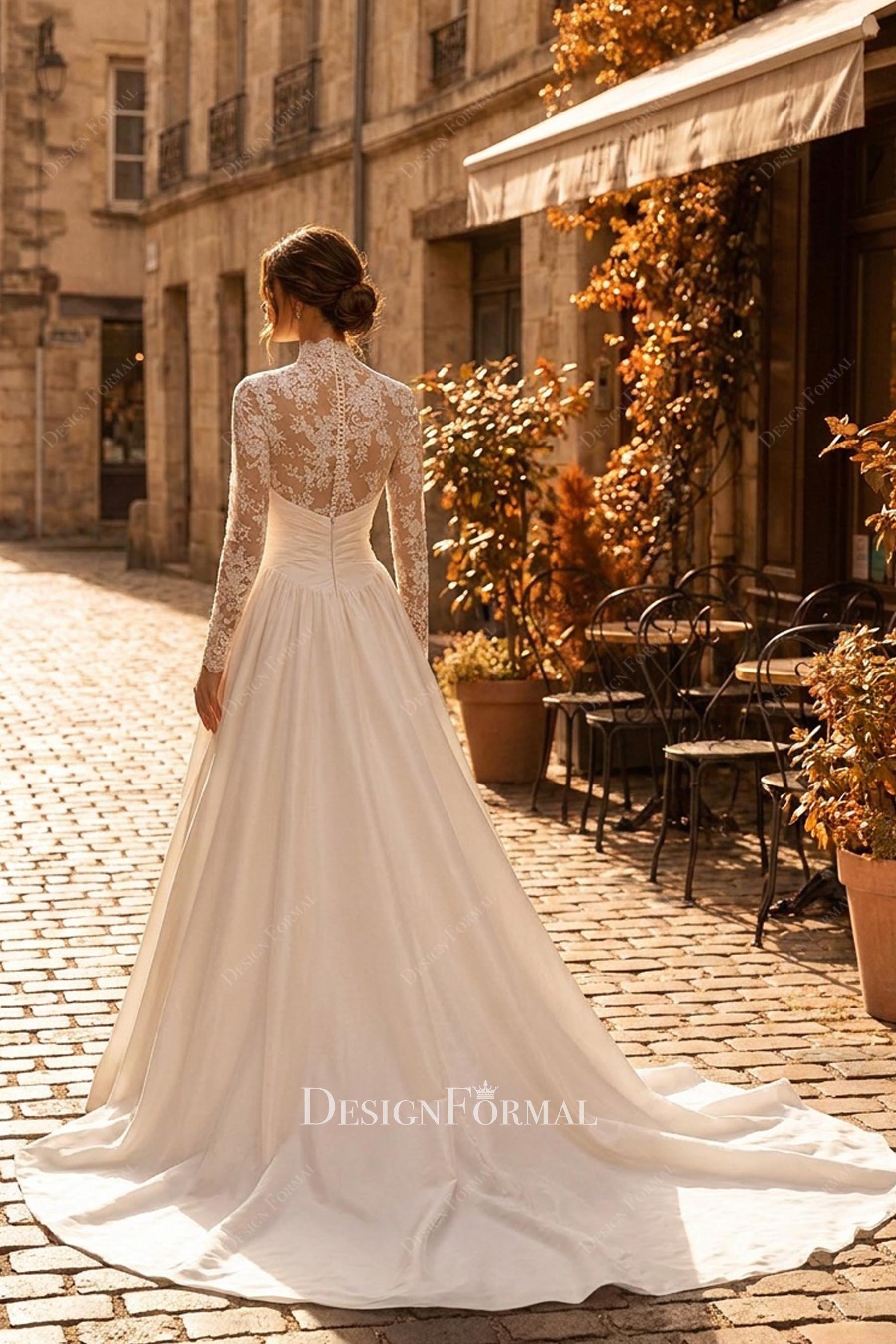 white taffeta chapel train wedding dress