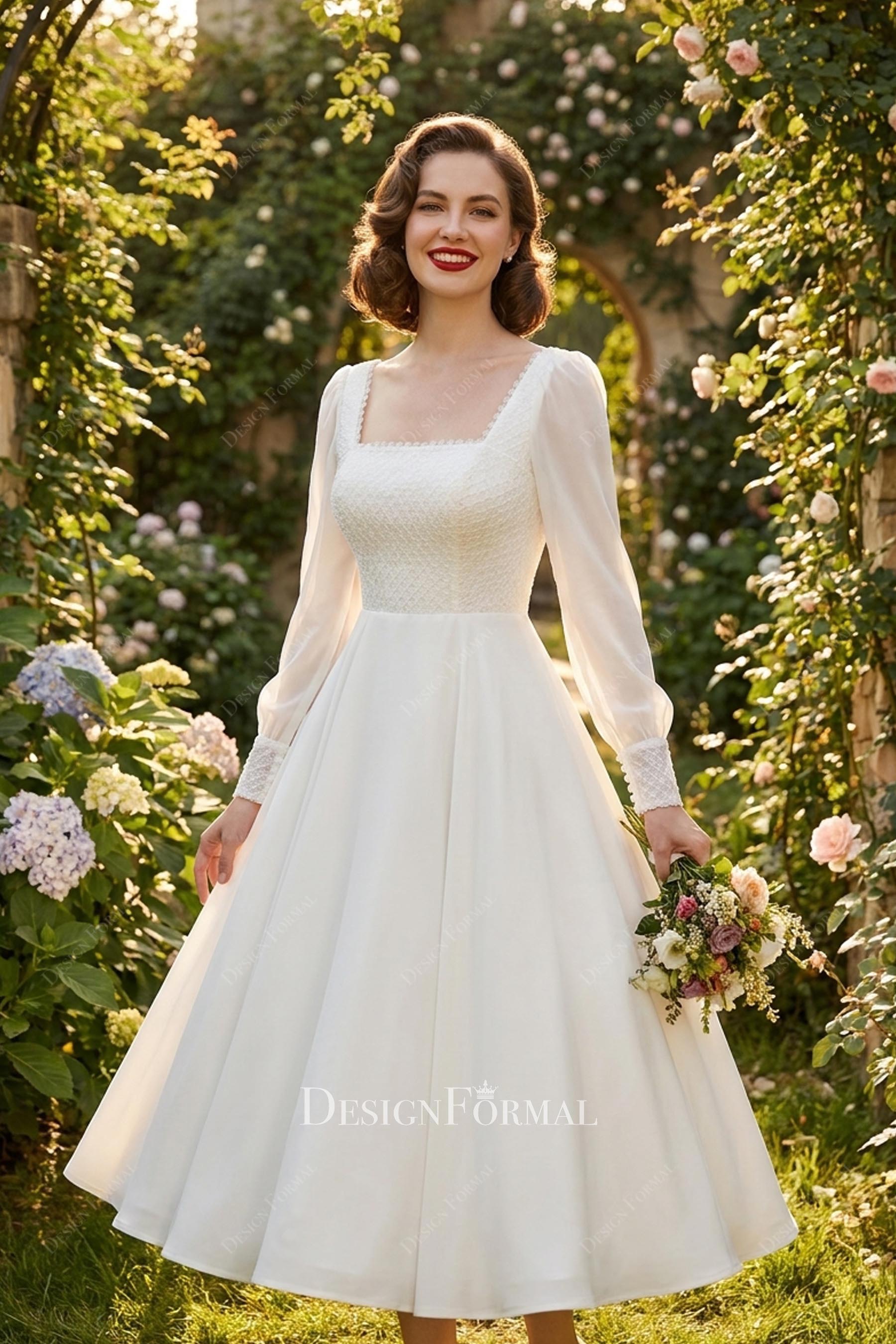 white tea length wedding dress