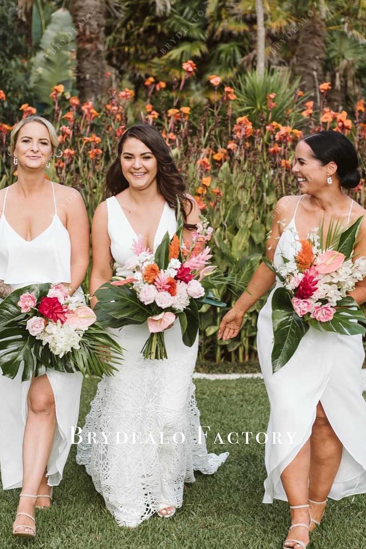 white thin straps chiffon bridesmaid dress