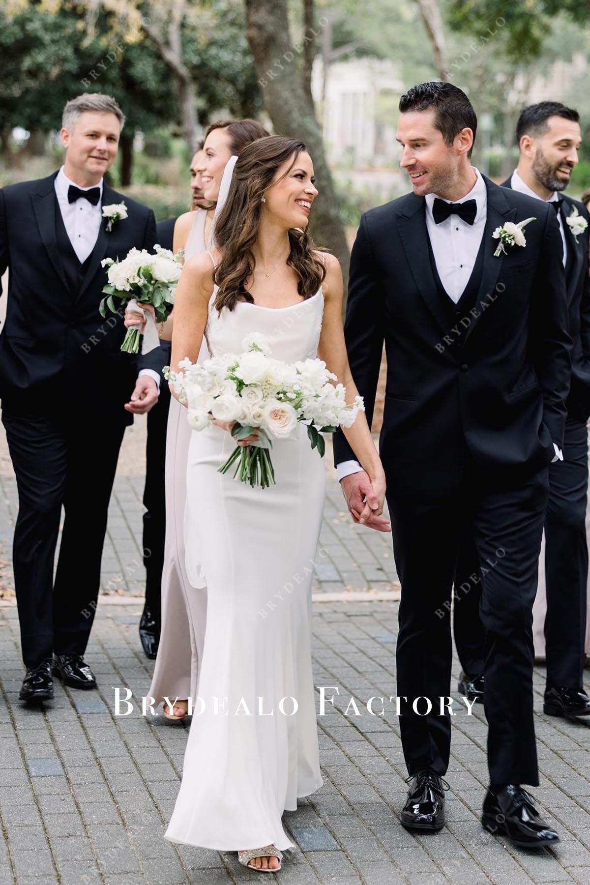 white thin straps wedding dress