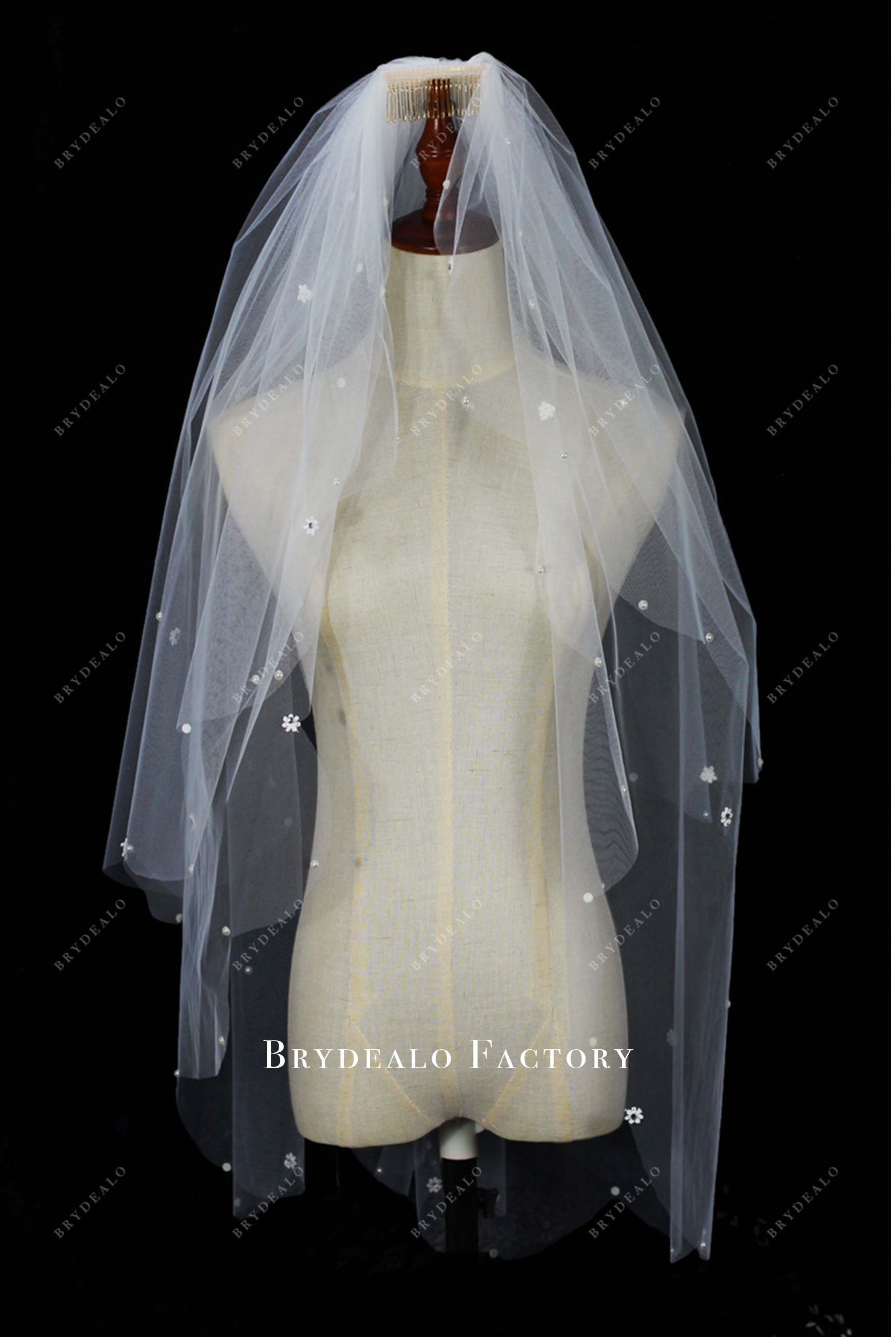white tulle beaded bridal veil