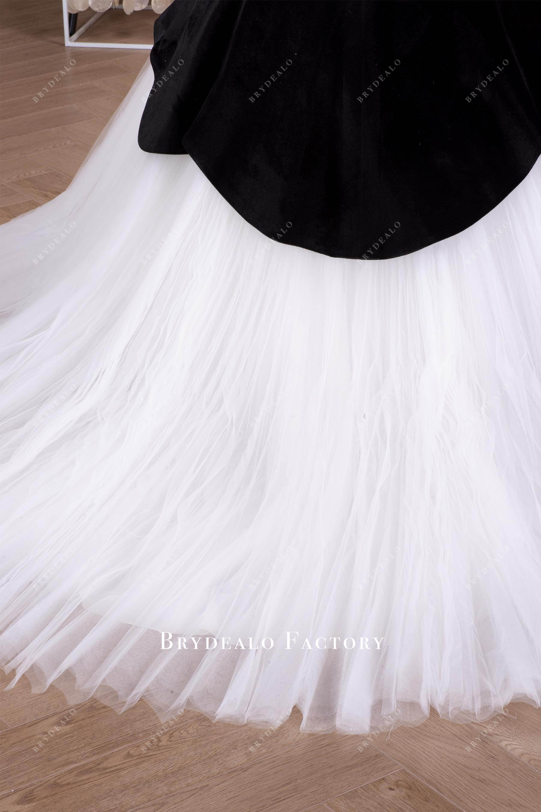 white tulle court train bridal gown