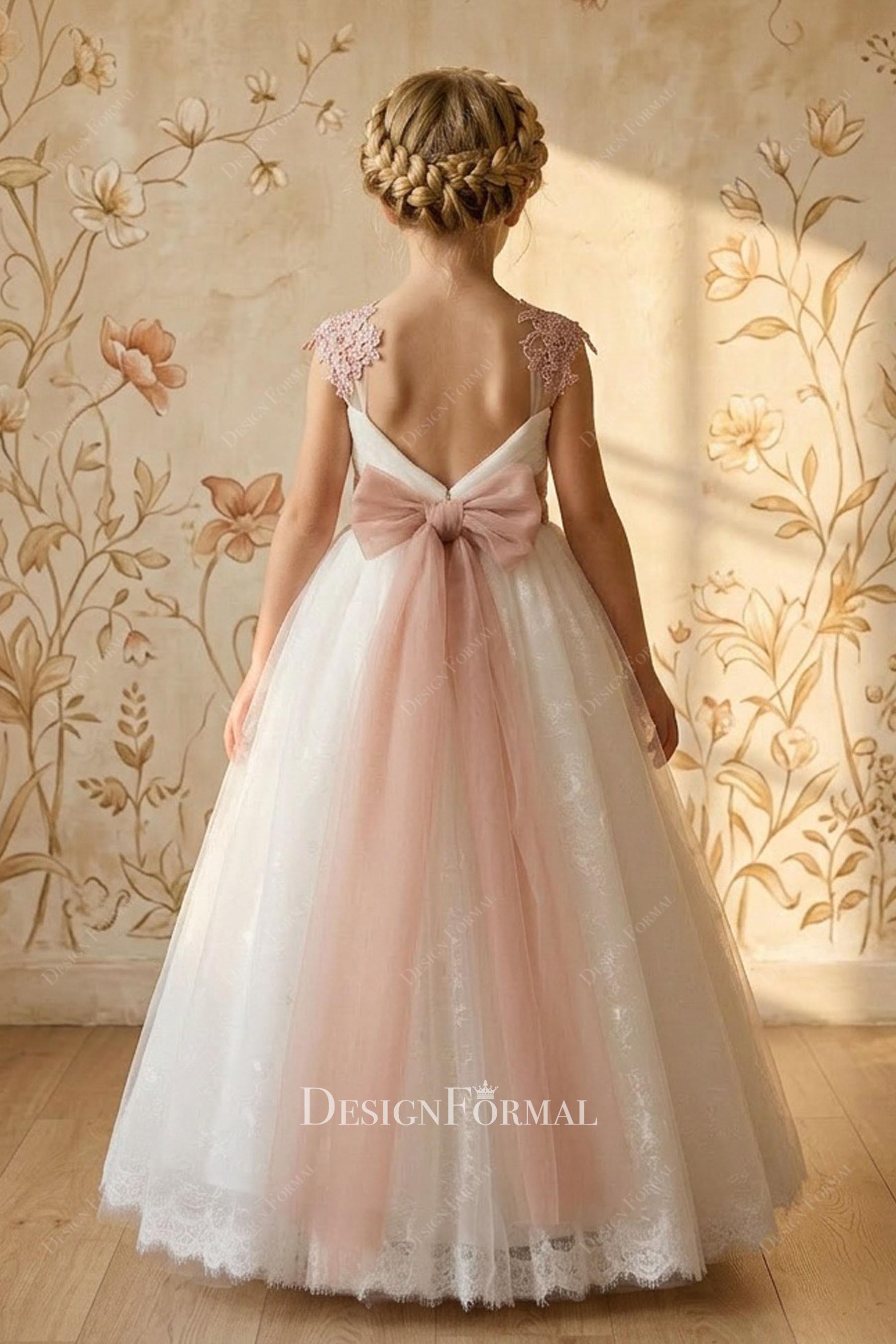 white tulle pink bowknot straps flower girl dress