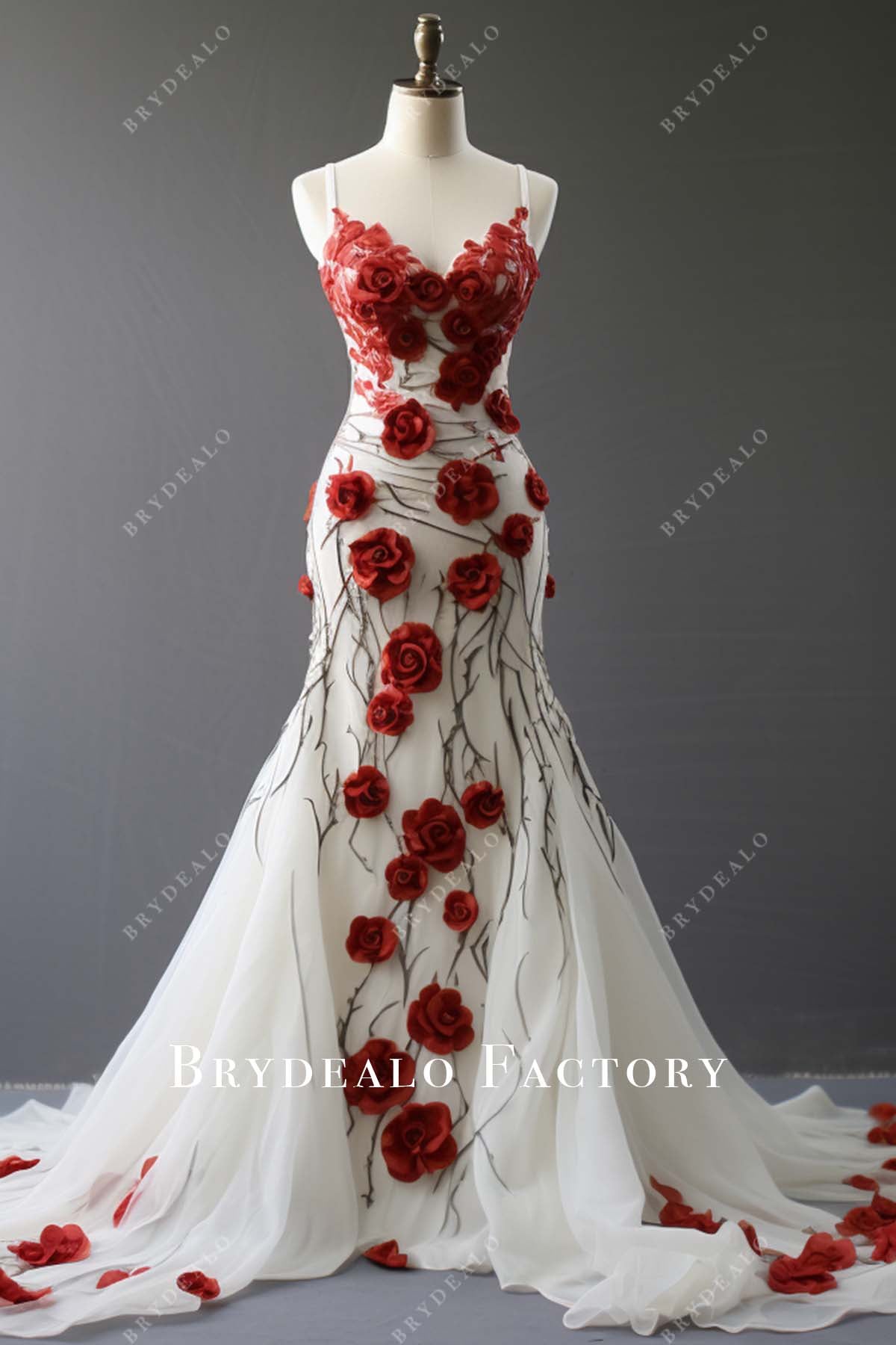 fitted lace wedding dress White Tulle Thin Straps Red Floral Mermaid Wedding Dress