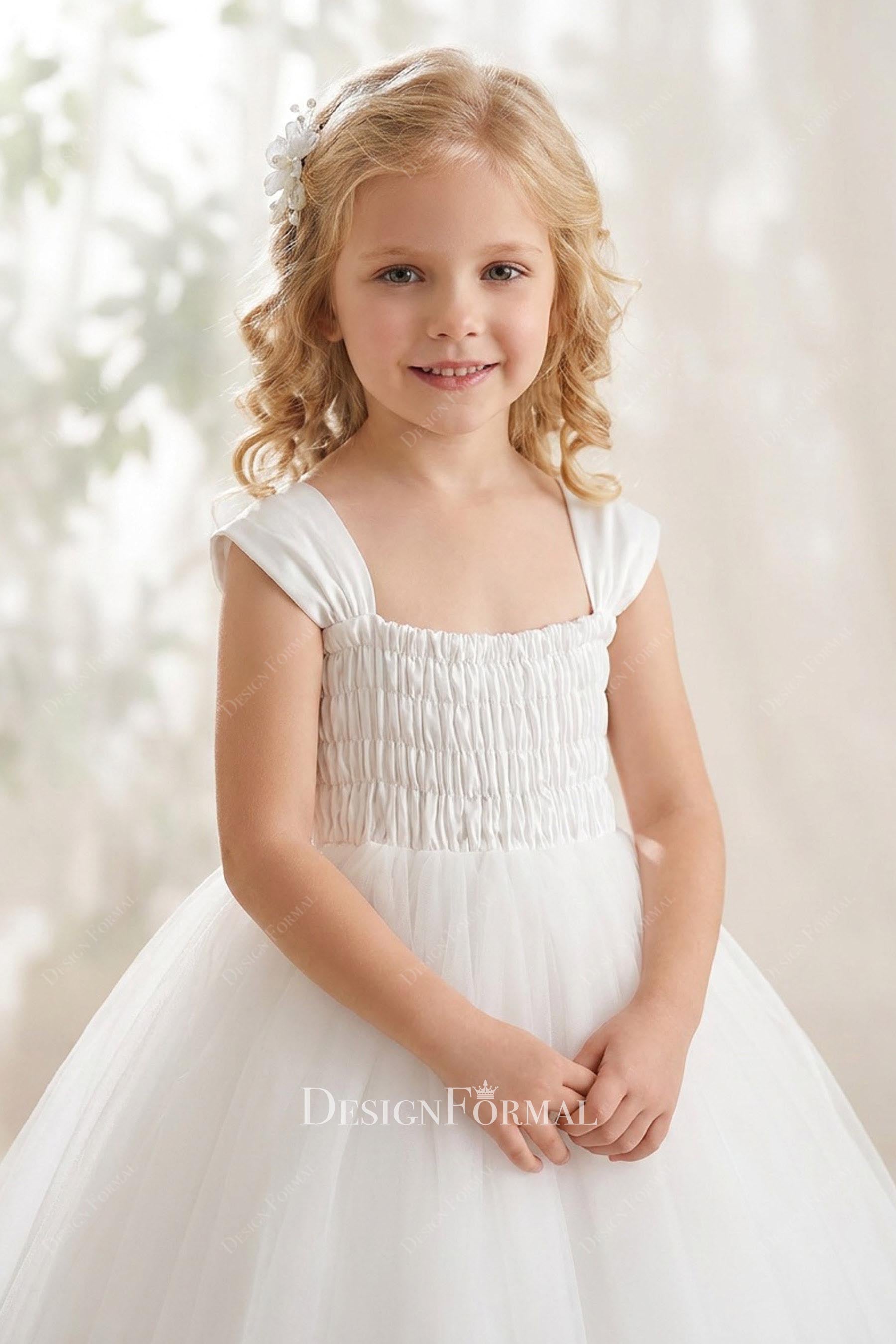 white wide straps flower girl ballgown
