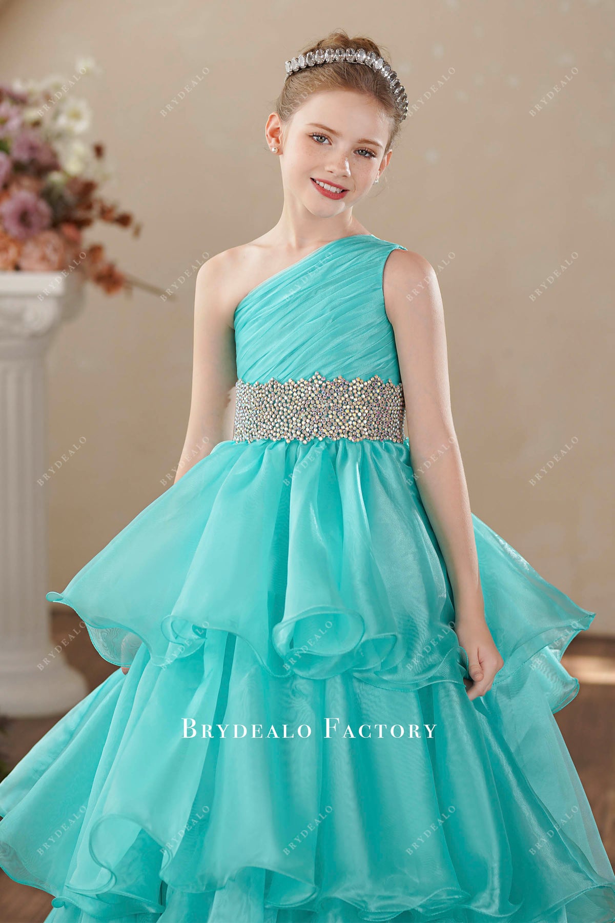 Spa Blue Ruched One Shoulder Sleeveless Tiered Kids Pageant Gown