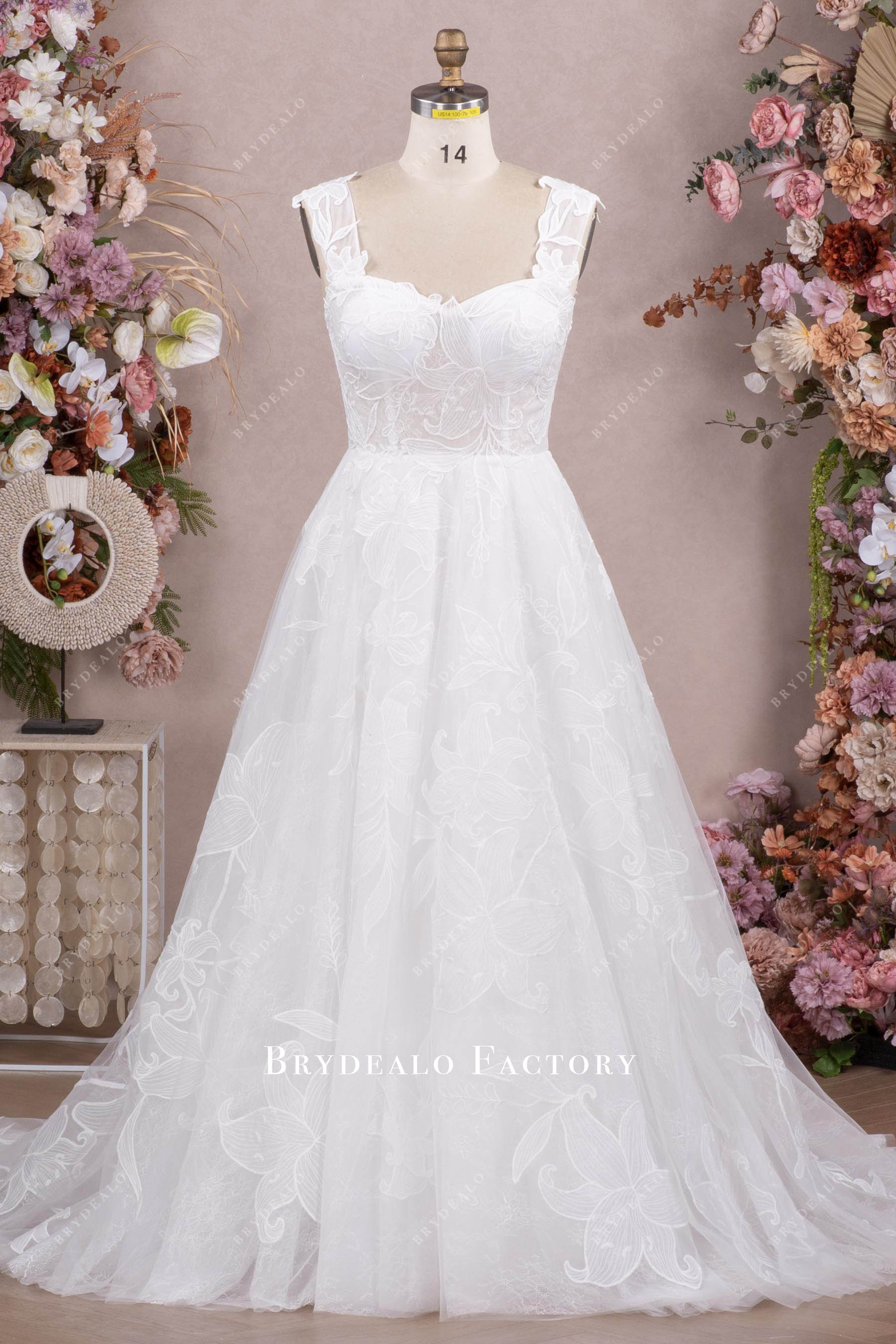 wide straps flower lace wedding dress