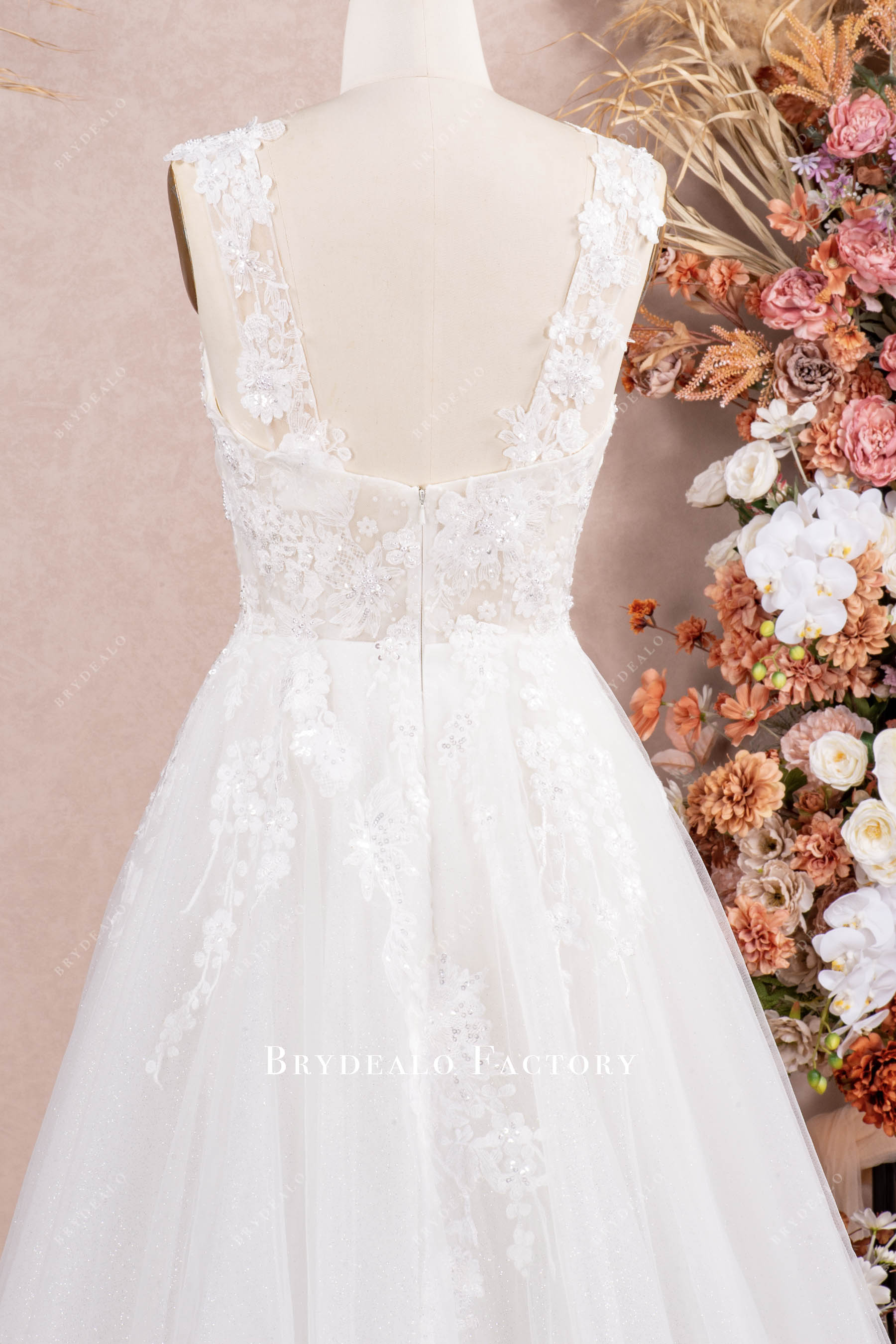 wide straps lace bridal dress