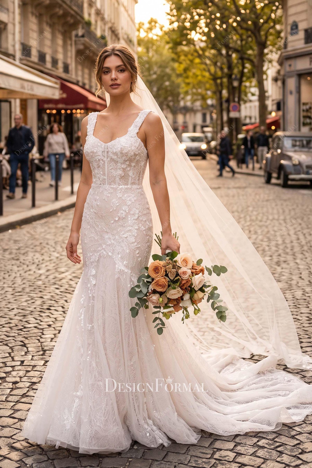 wide straps lace trumpet wedding dress