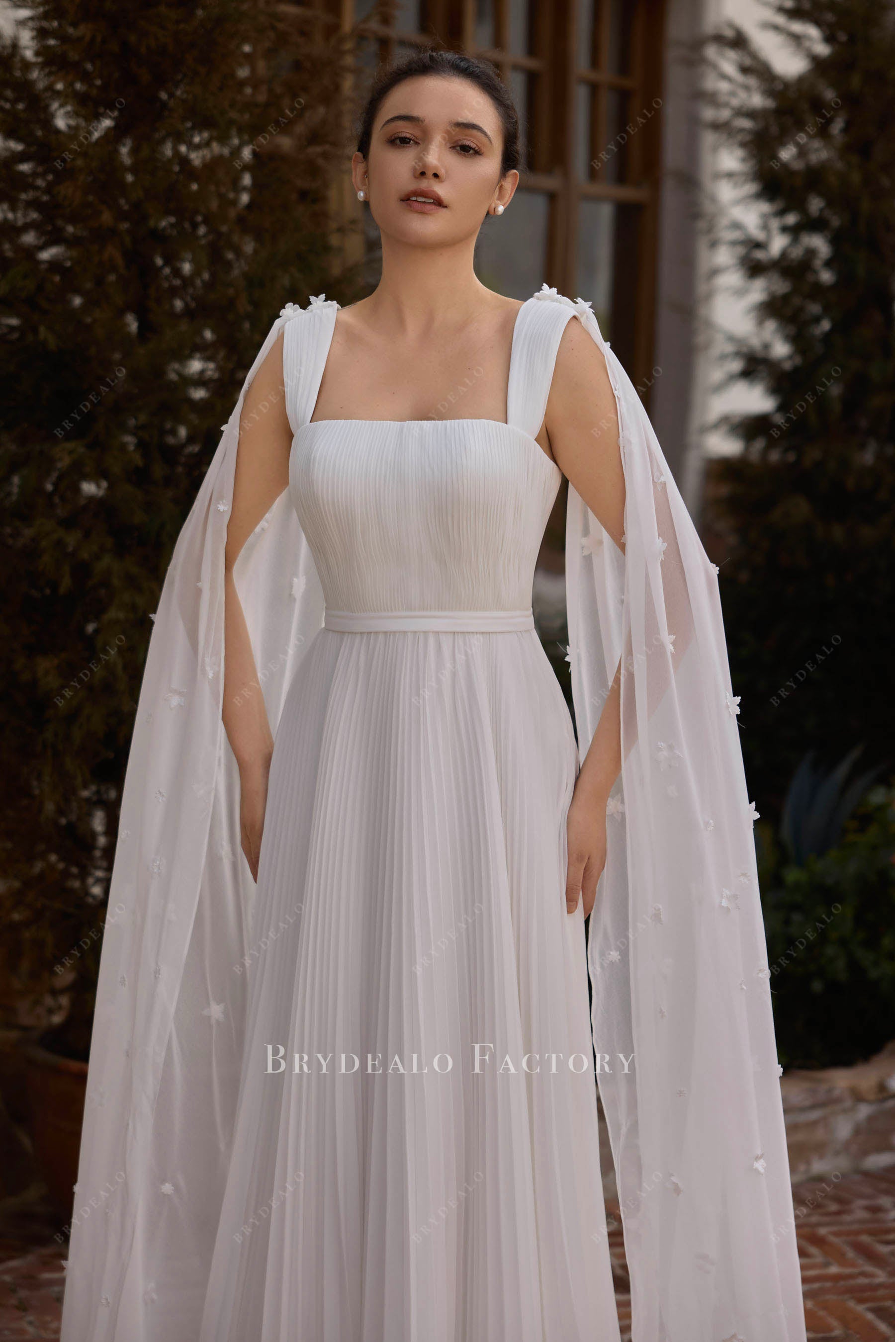 wide straps pleated wedding dress