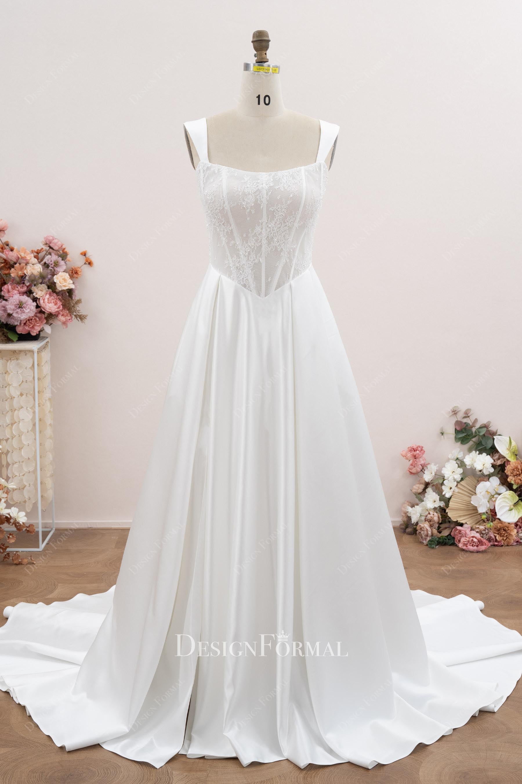 wide straps scoop wedding dress