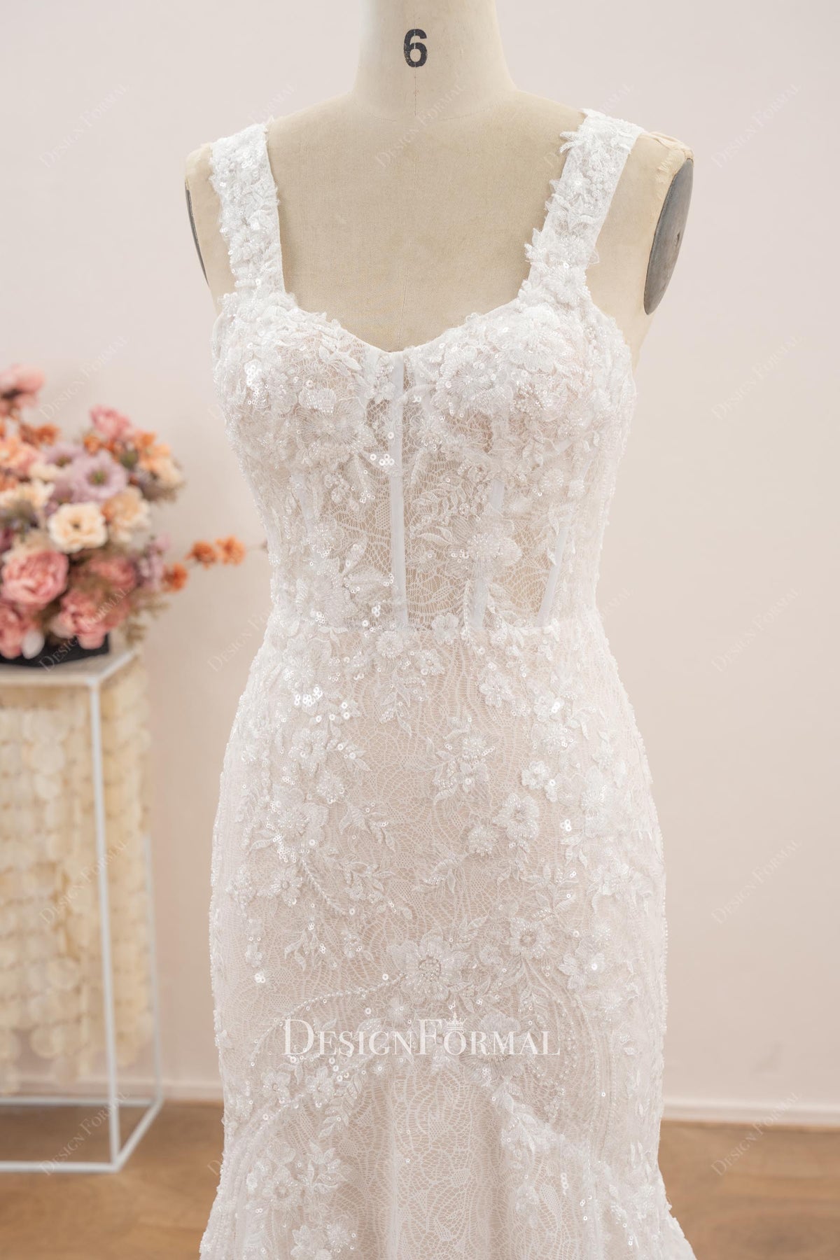 wide straps v neck mermaid wedding dress