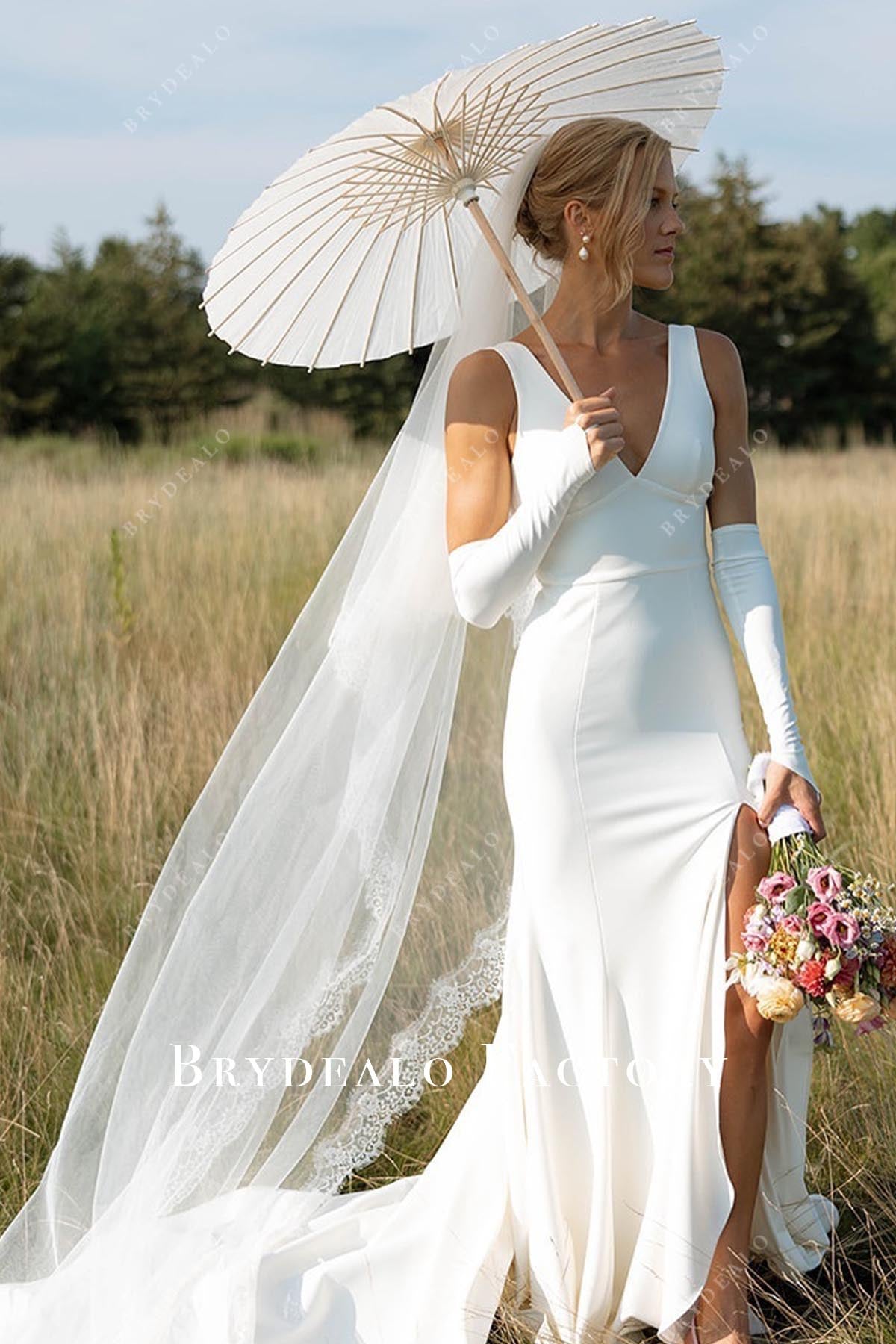 Chic Wide Straps V-Neck Slit Mermaid Wedding Dress, Dress Only