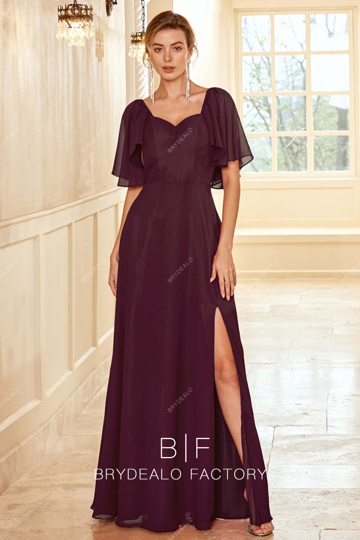 wine chiffon flutter sleeves slit bridesmaid dress