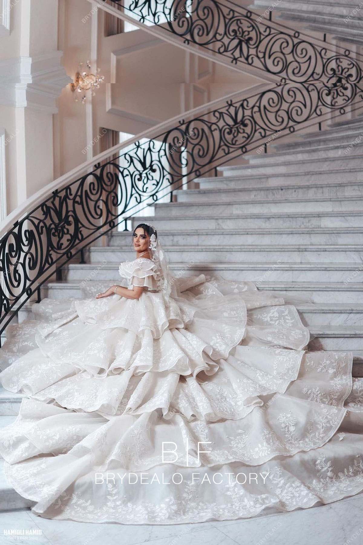 Plus Size Lace Off Shoulder Luxury Tiered Long Train Wedding Ball Gown Plus Size Lace Off Shoulder Luxury Tiered Long Train Wedding Ball Gown