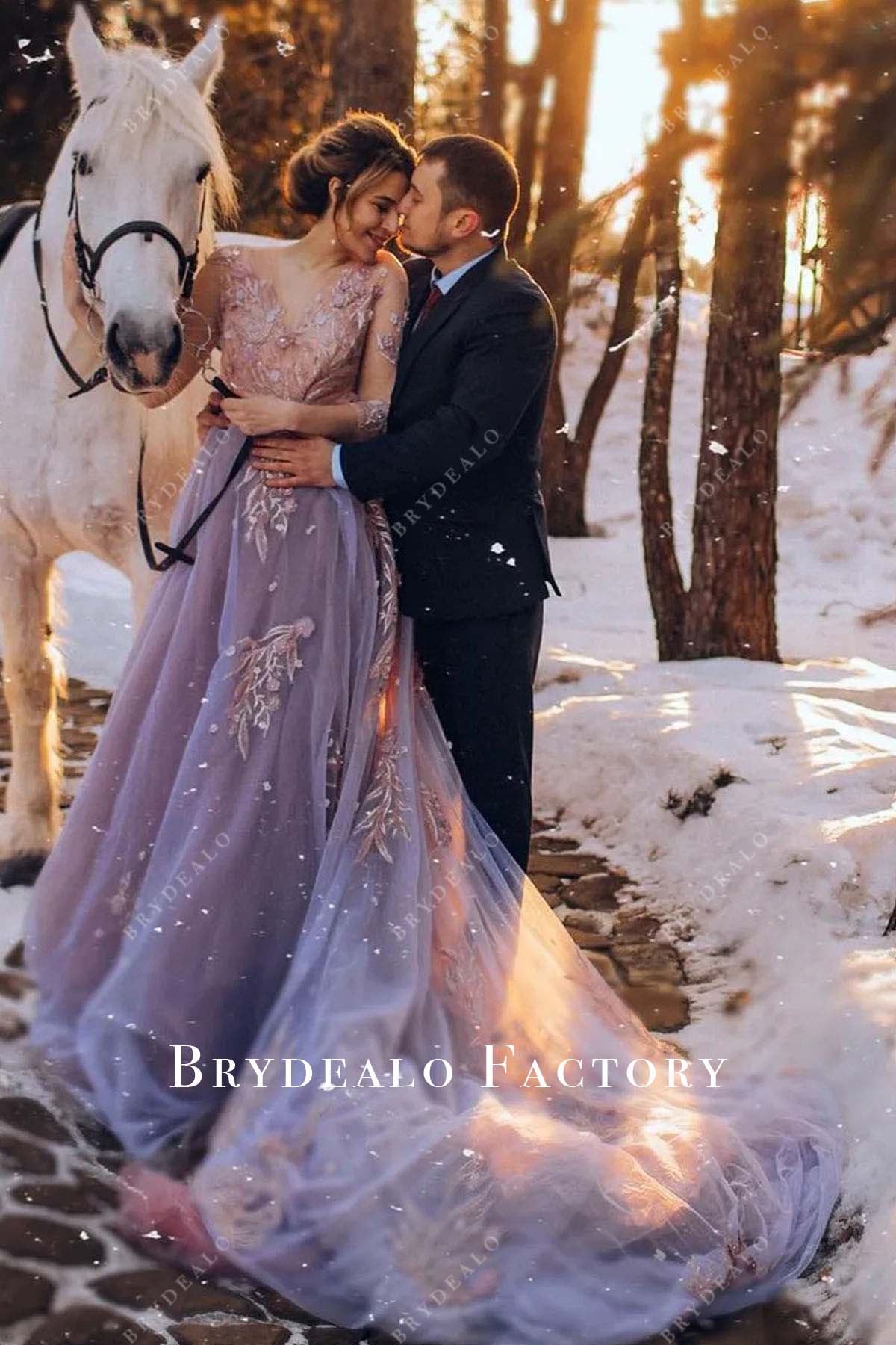 Wisteria Lace Appliques A-Line Long Train Wedding Dress Wisteria Lace Appliques A-Line Long Train Wedding Dress