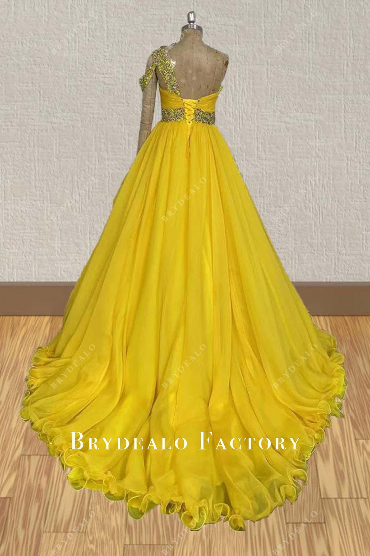 yellow a line court train pageant dress
