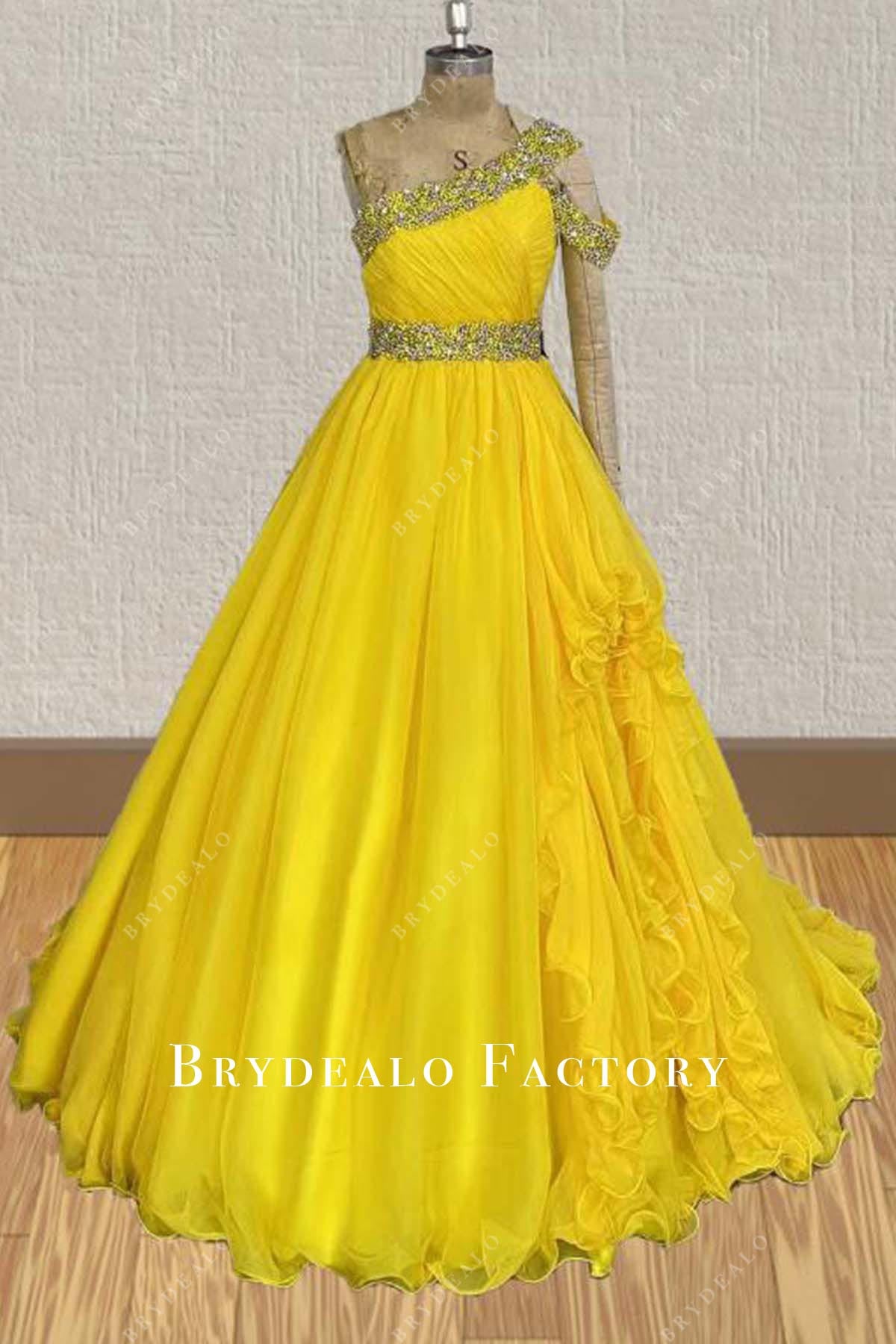 yellow asymmetrical a line pageant dress