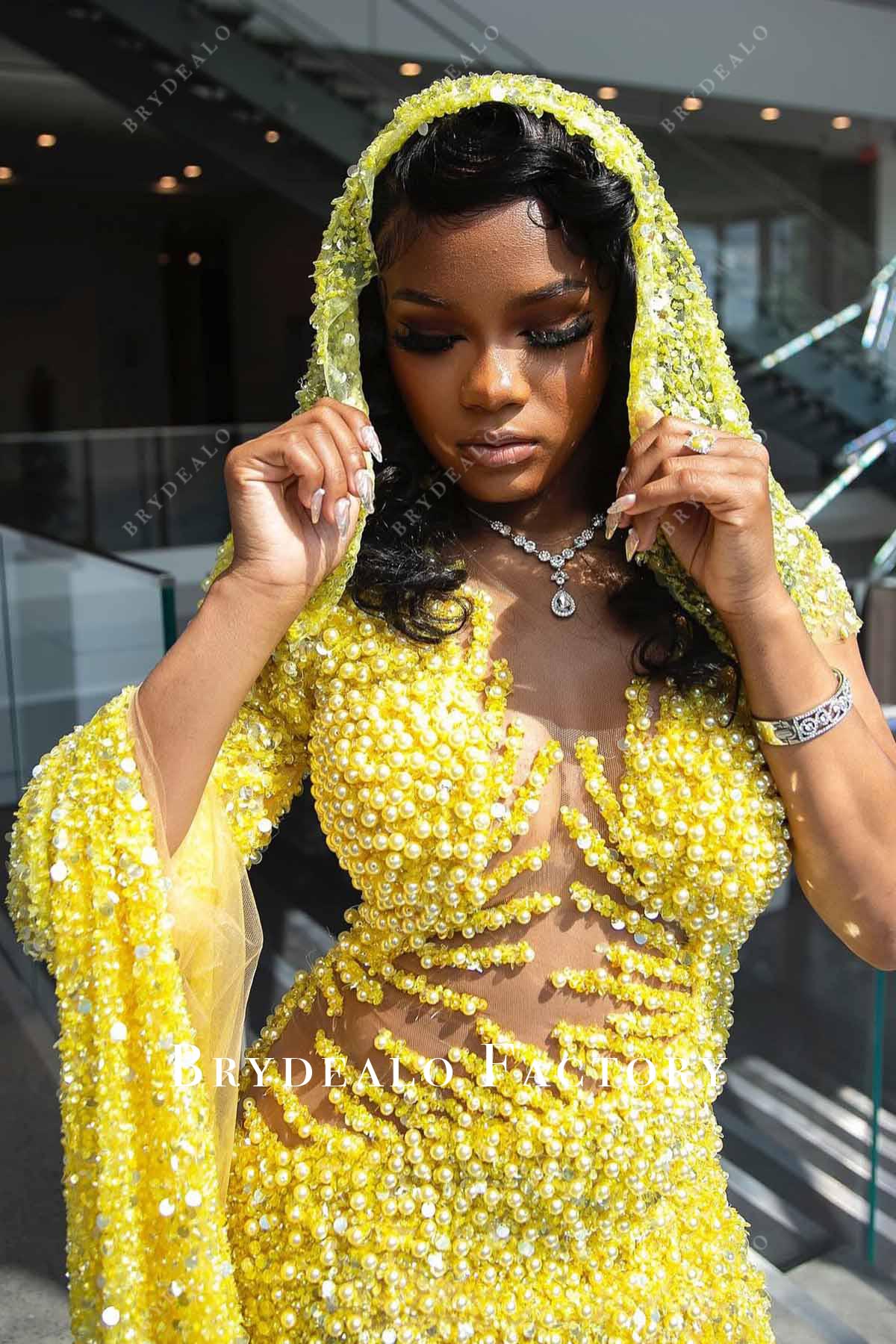 yellow beaded asymmetrical prom dress