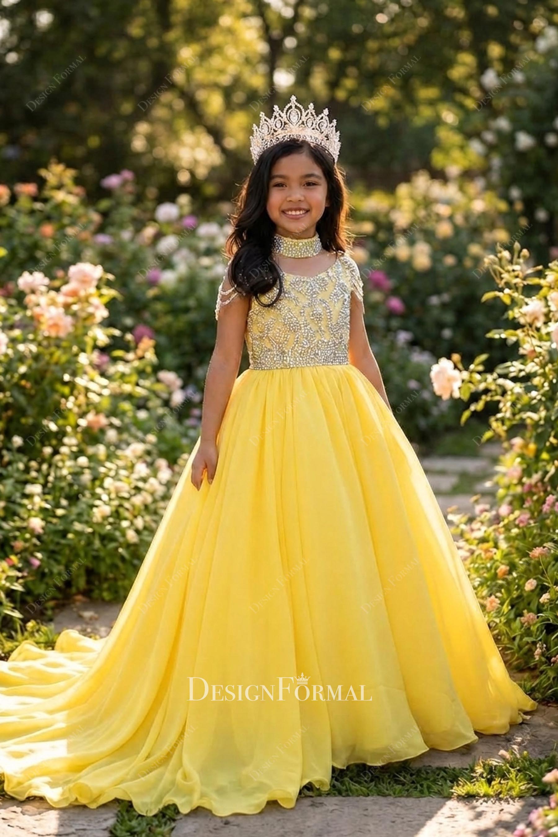 yellow chiffon kids pageant gown