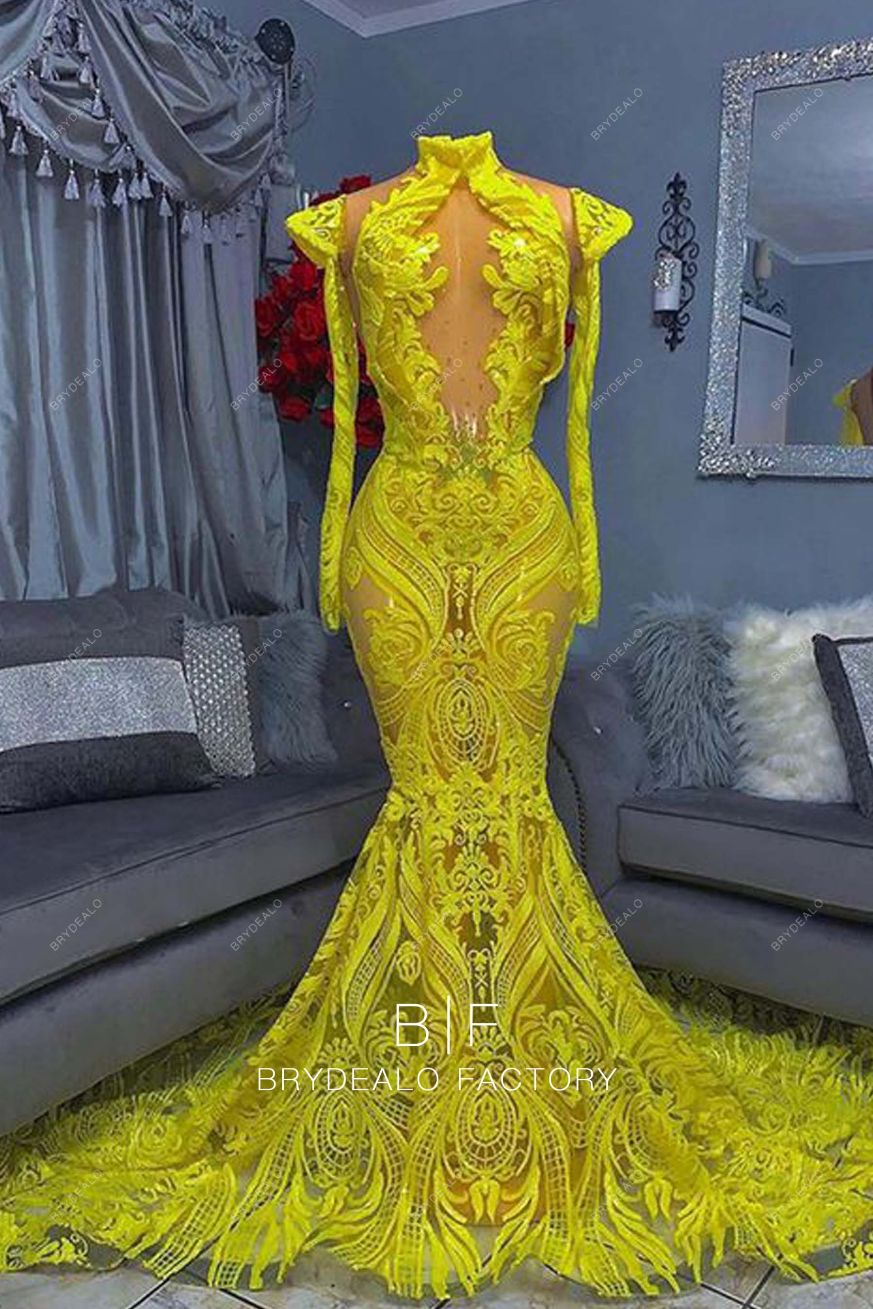 Yellow Unique Patterned Sequin Long Sleeve Mermaid Prom Dress