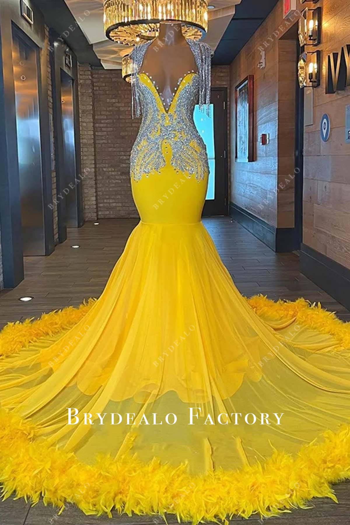Sparkly Rhinestone Plunging Neck Yellow Feathers Long Train Prom Dress Sparkly Rhinestone Plunging Neck Yellow Feathers Long Train Prom Dress