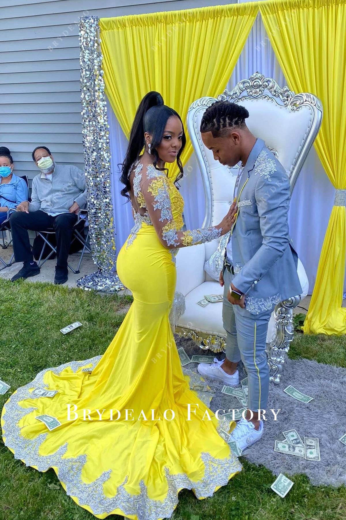 Long Train Yellow Jersey Grey Lace Prom Dress