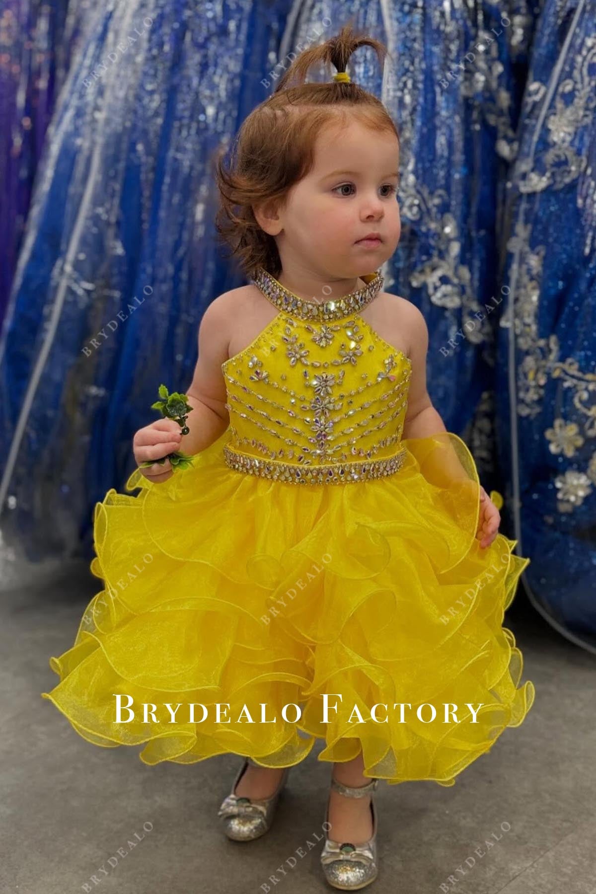Crystal Halter Yellow Ruffled Layer A-Line Toddler Dress Crystal Halter Yellow Ruffled Layer A-Line Toddler Dress