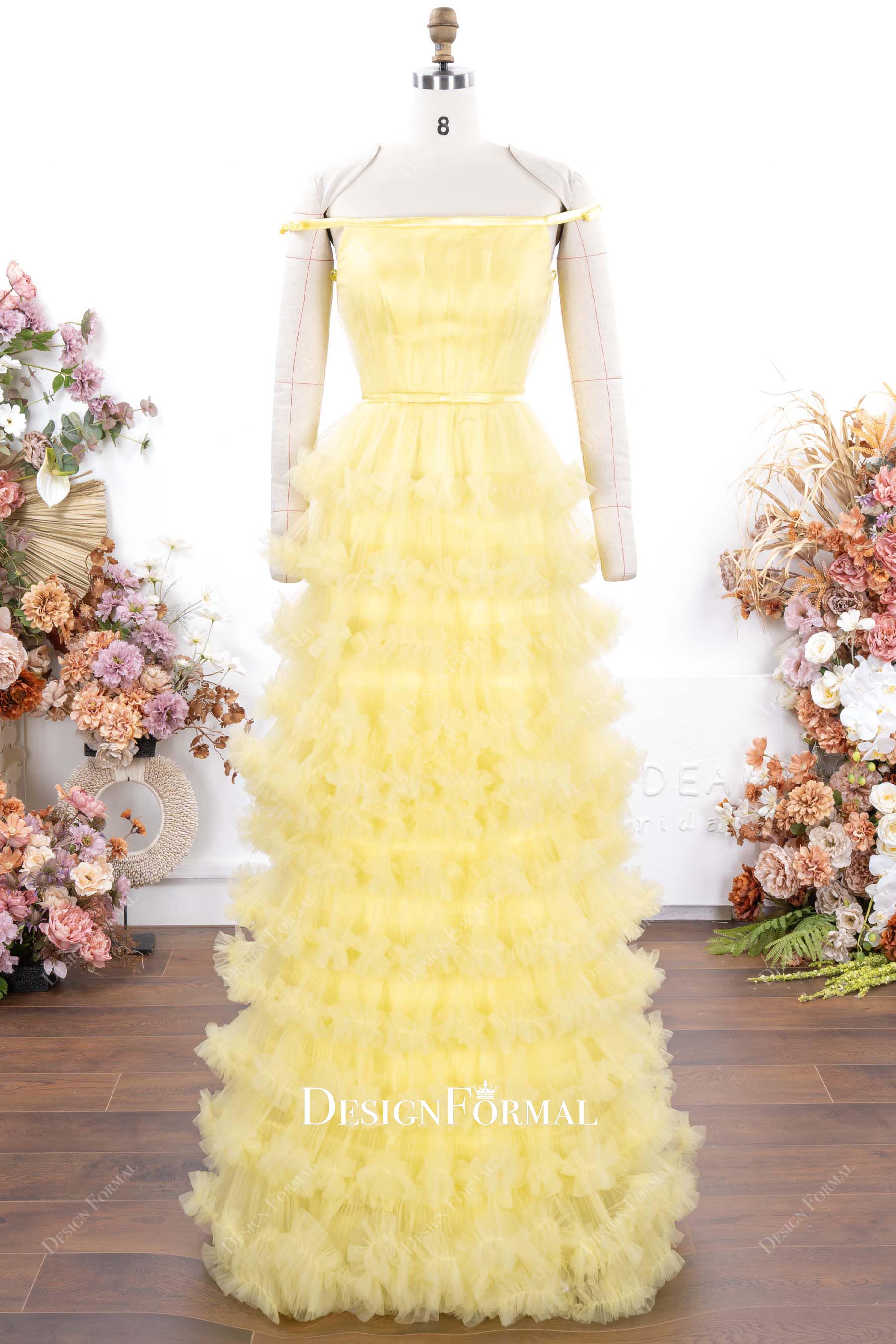 yellow layered a line prom dress