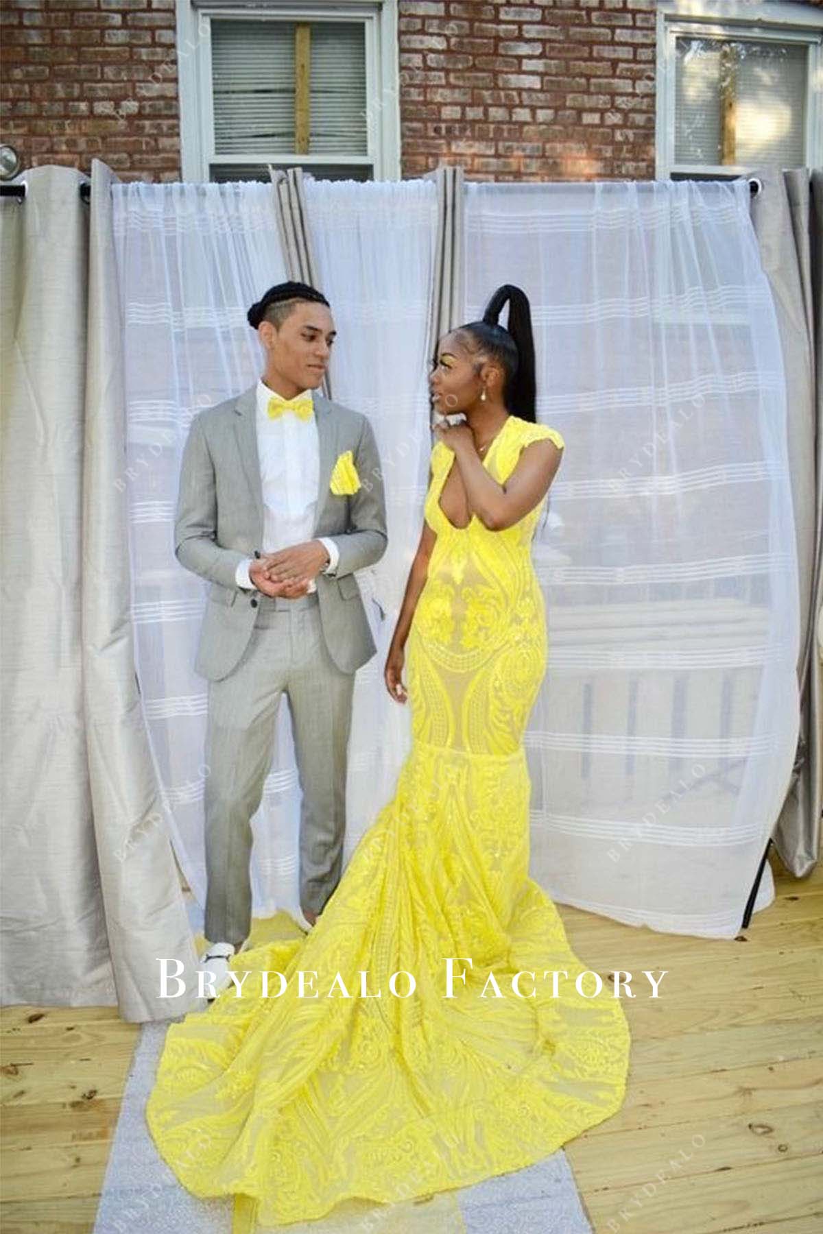 Yellow Sequin Cap Sleeve Mermaid Prom Gown