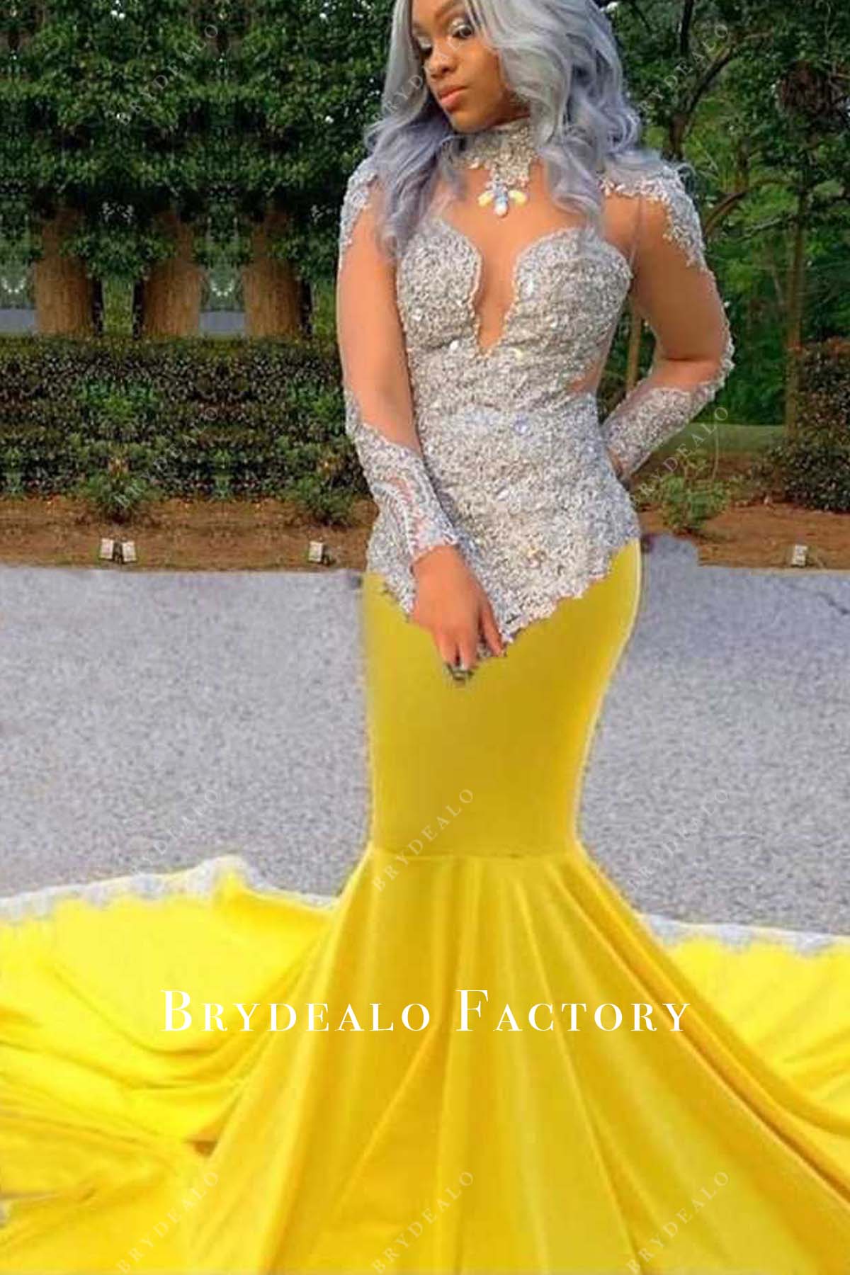 Grey Lace Long Sleeve Yellow Jersey Mermaid Prom Dress Grey Lace Long Sleeve Yellow Jersey Mermaid Prom Dress