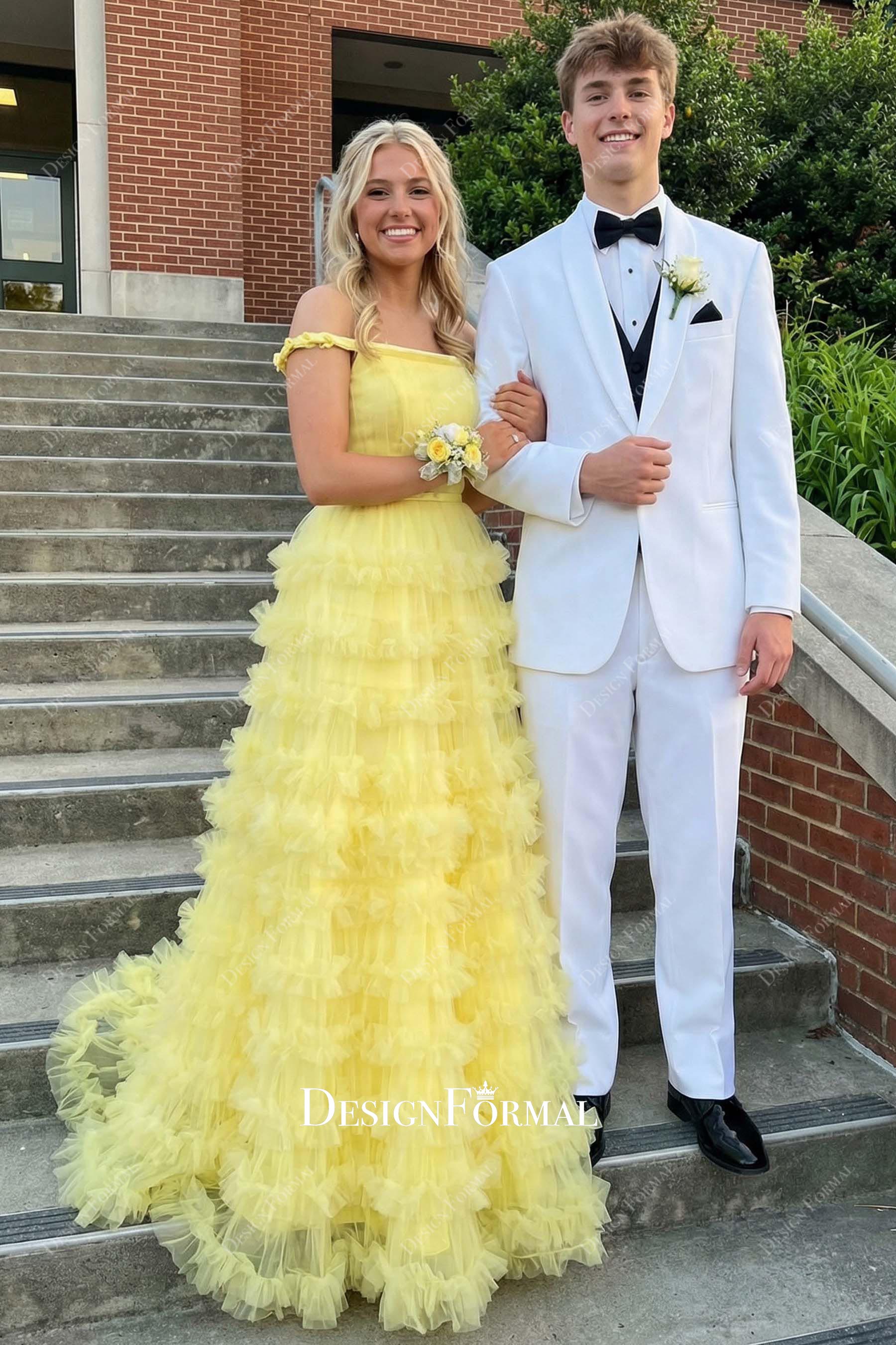 yellow off shoulder a line prom dress