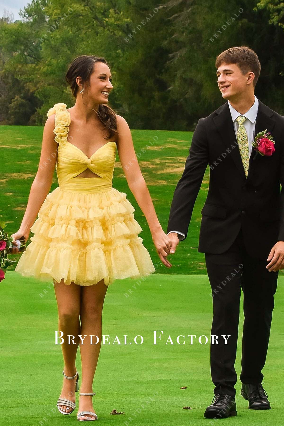 yellow one shoulder a line short homecoming dress