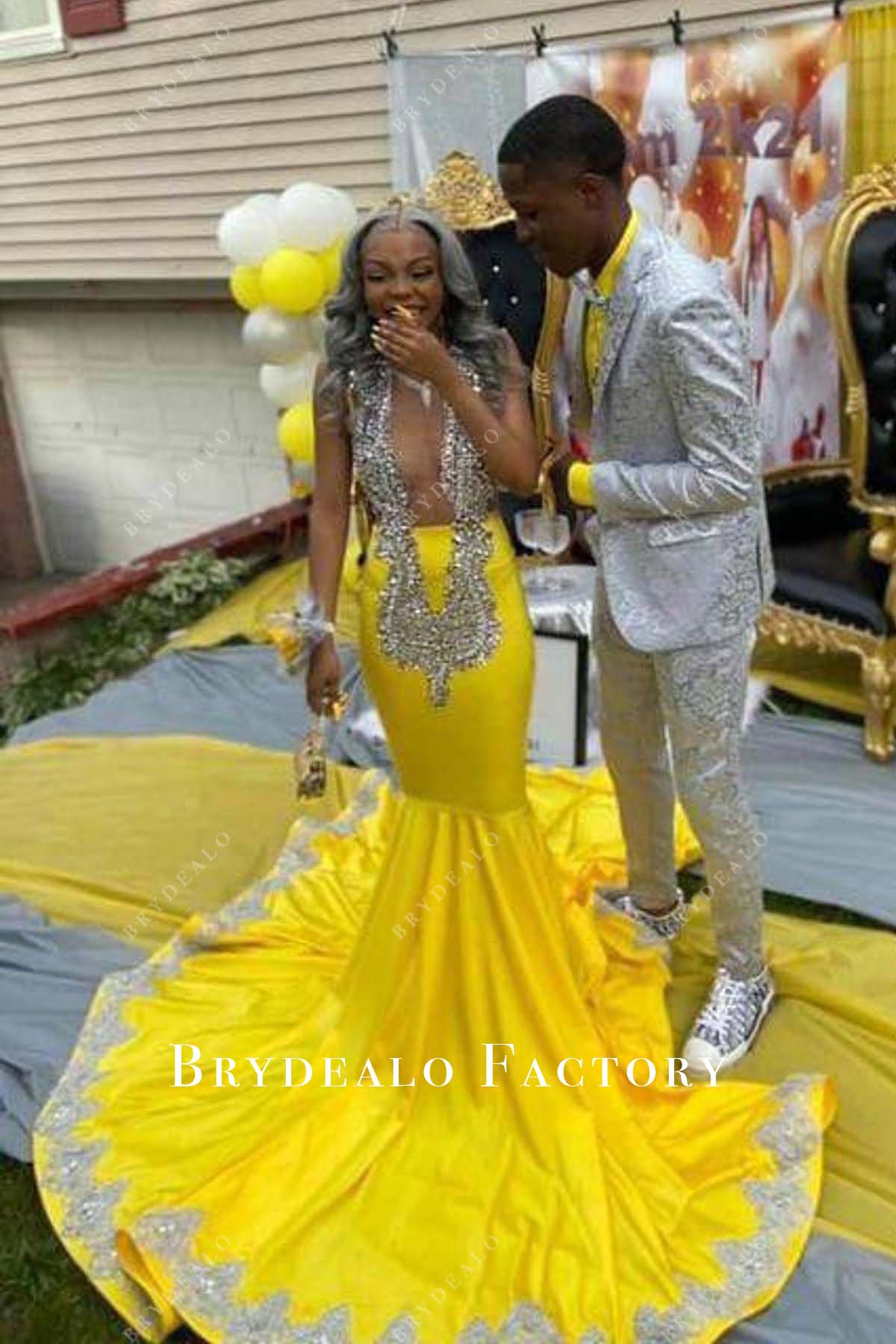 Rhinestones Plunging Neck Yellow Jersey Mermaid Prom Dress Rhinestones Plunging Neck Yellow Jersey Mermaid Prom Dress