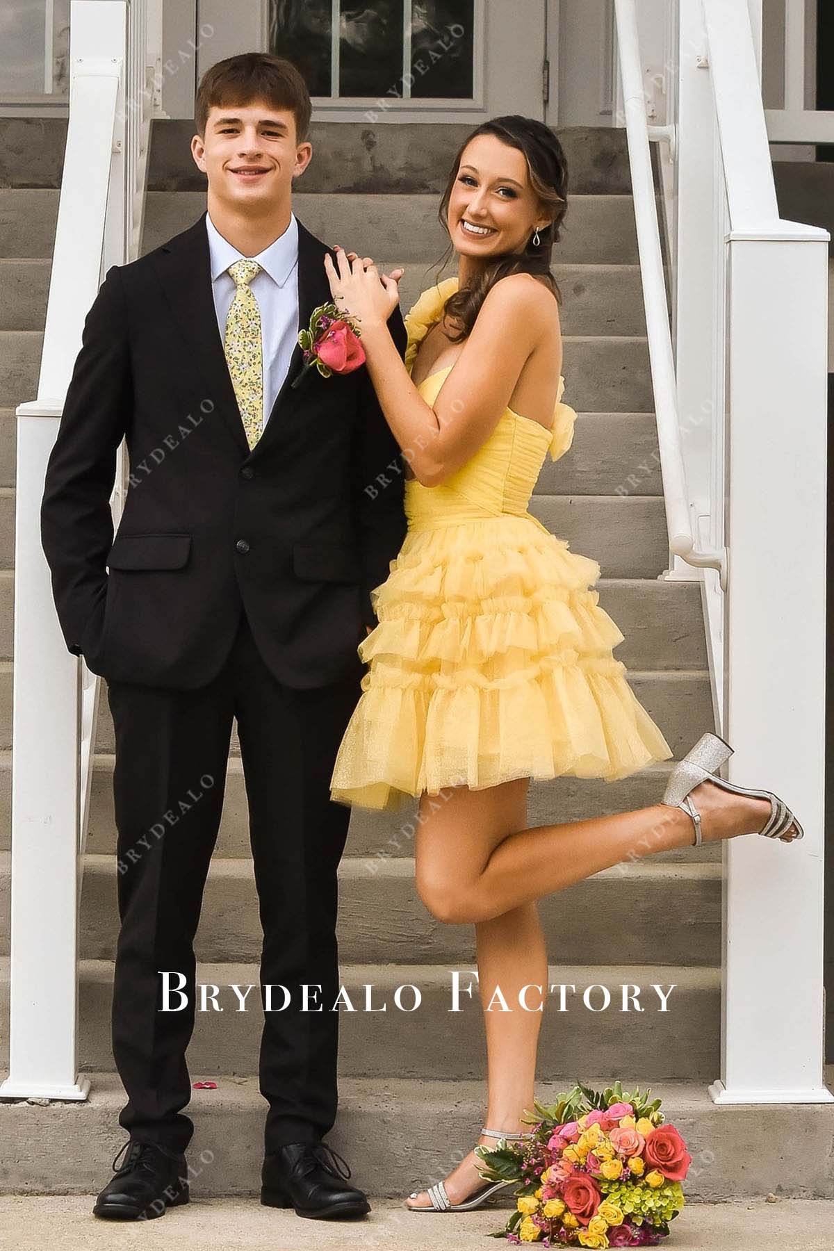 yellow ruffled layered a line homecoming dress