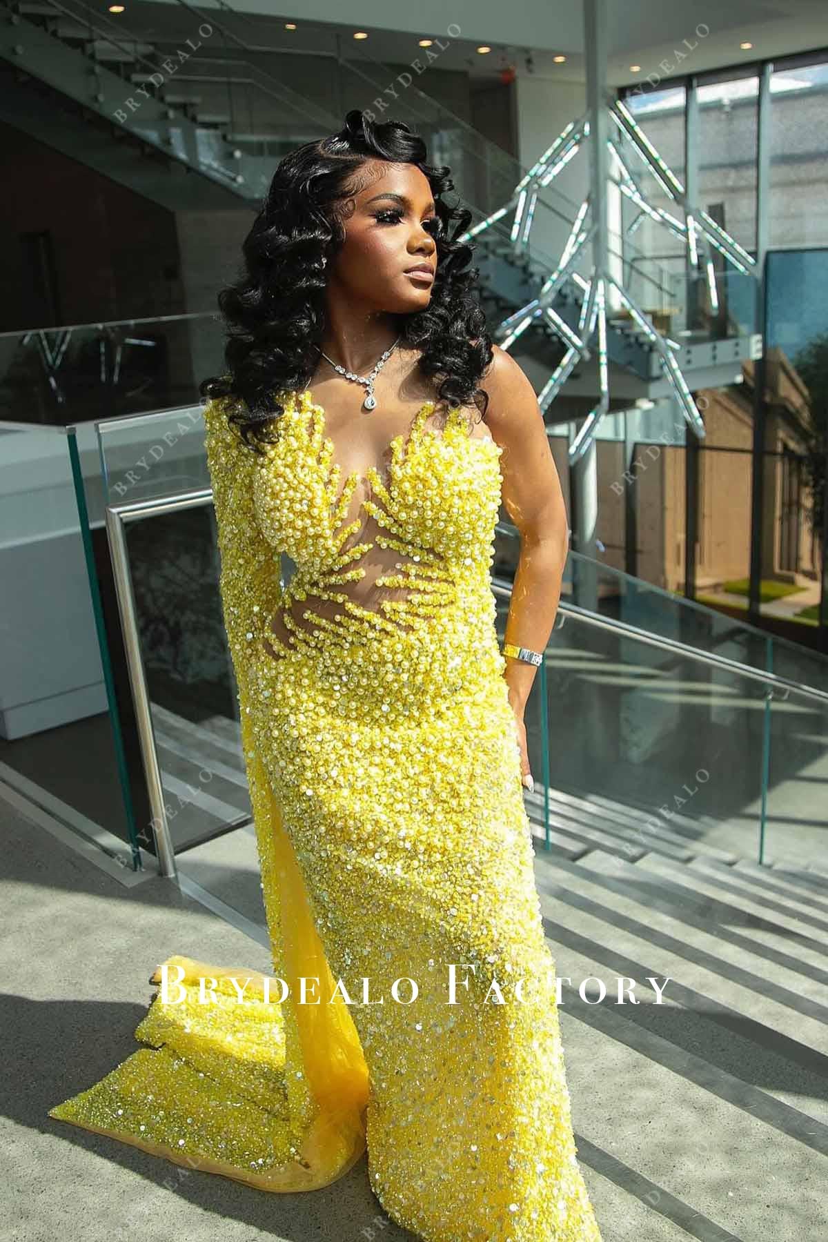 Yellow Pearls Cape Sleeve Illusion Neck Sheath Prom Dress, Yellow / Dress Only