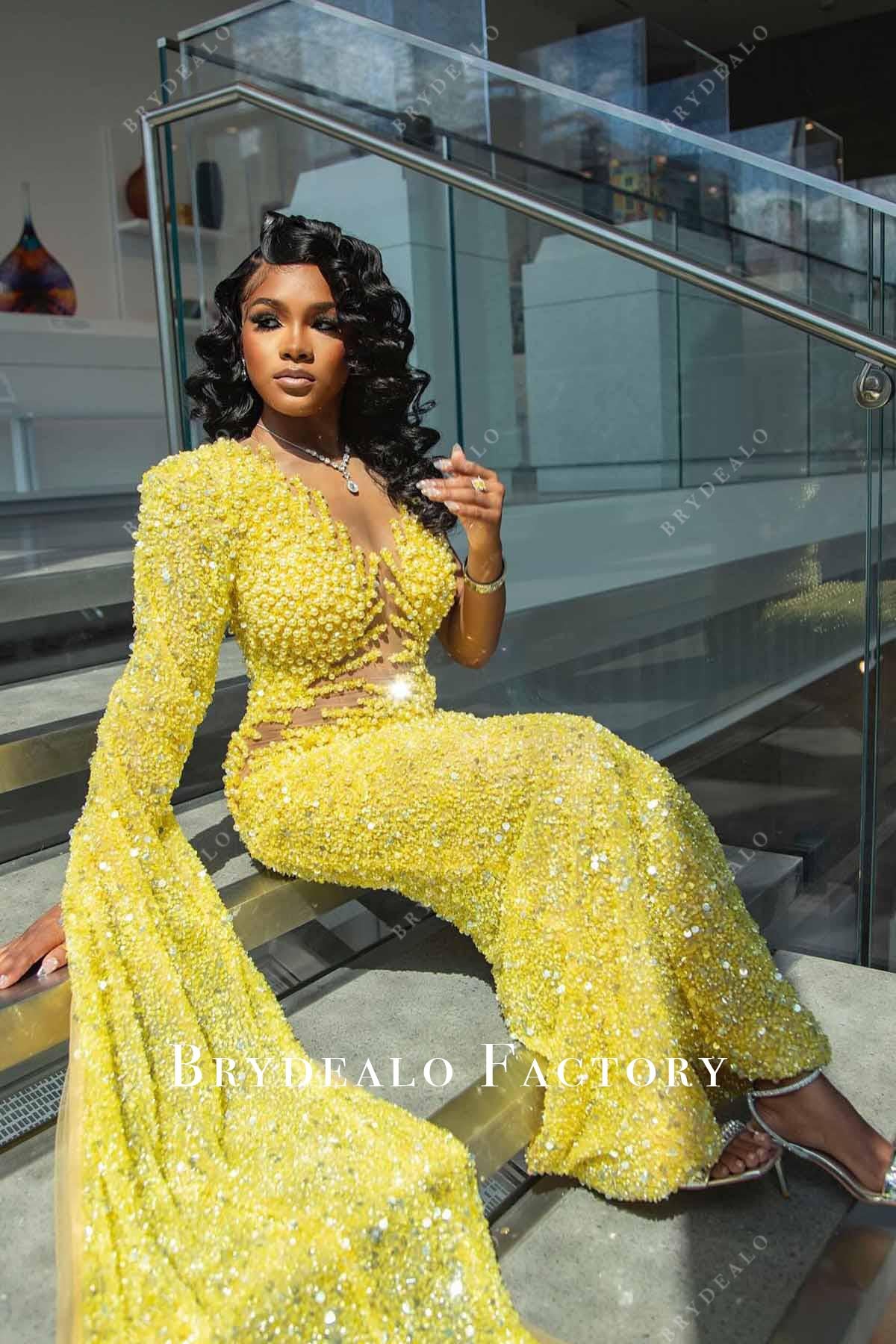 yellow sequined illusion neck prom dress