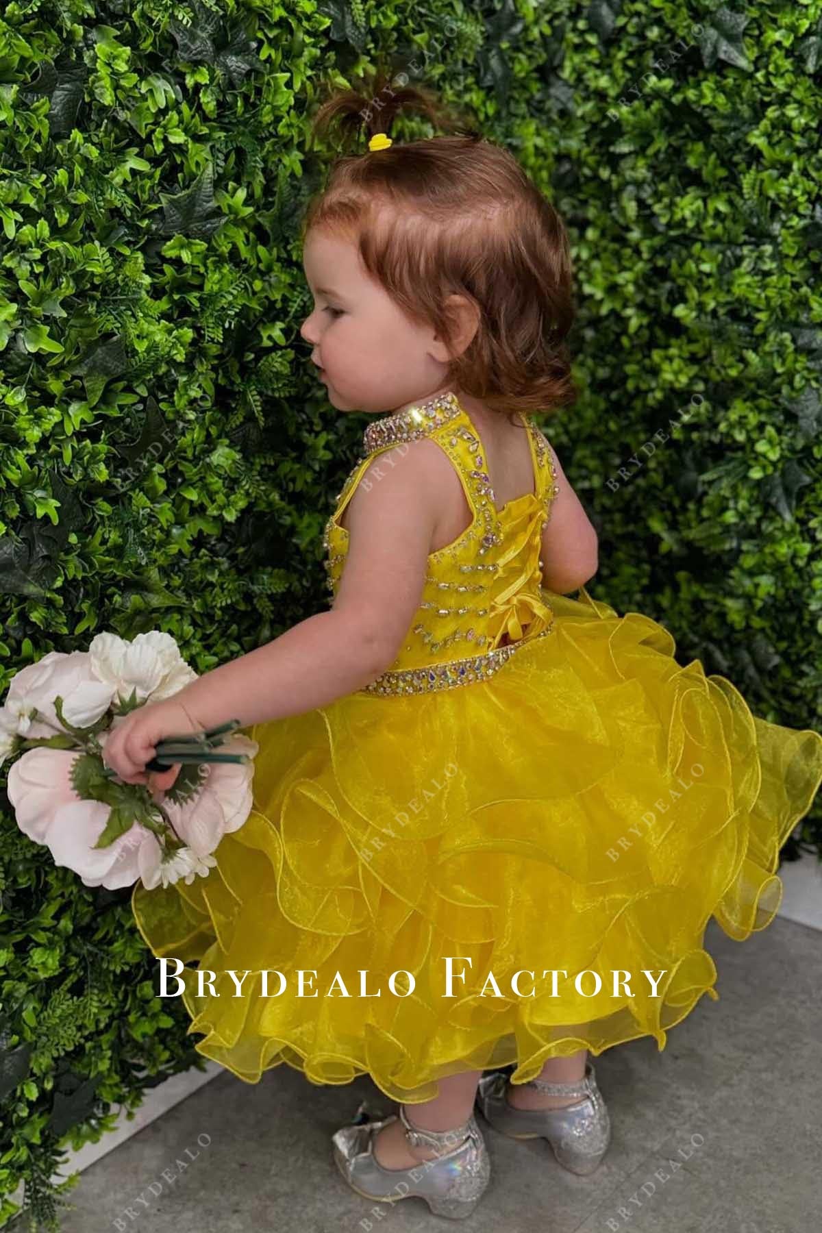 yellow sleeveless ruched toddler dress