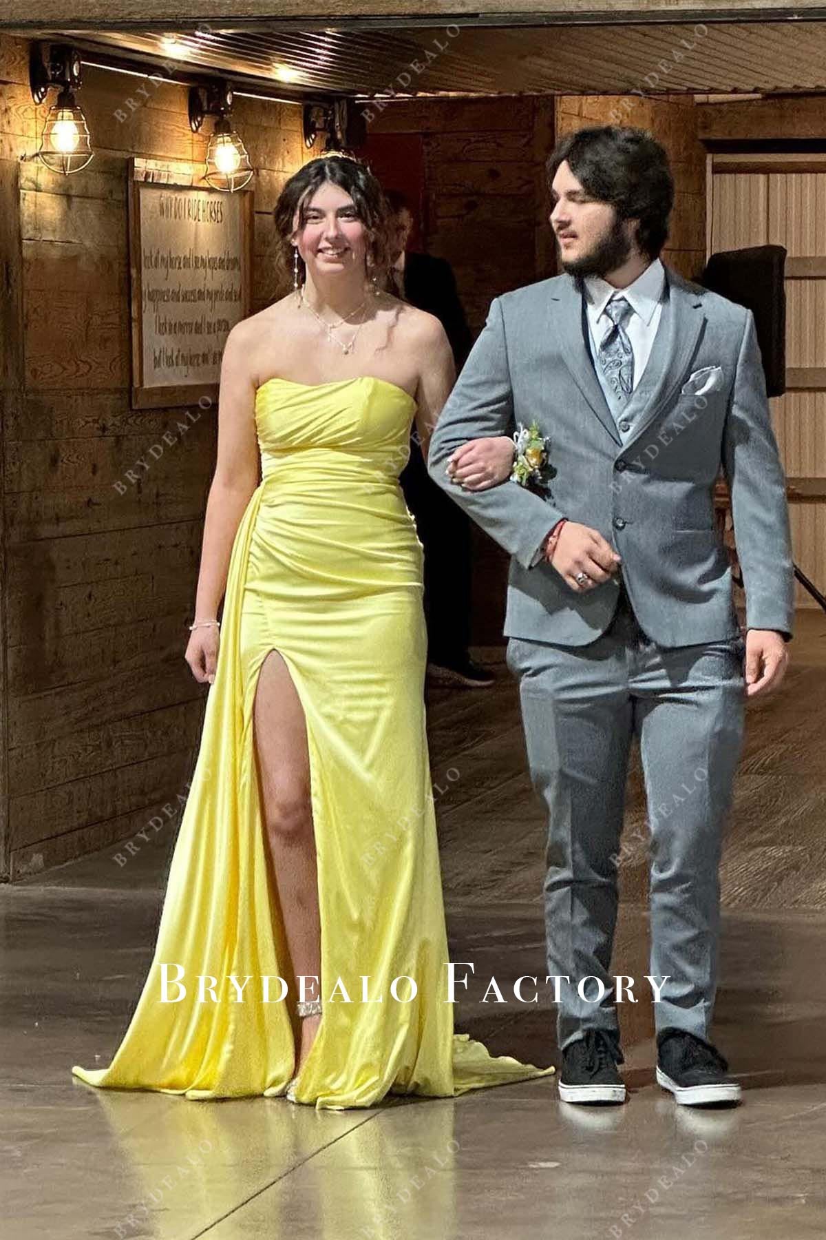 yellow strapless slit homecoming dress