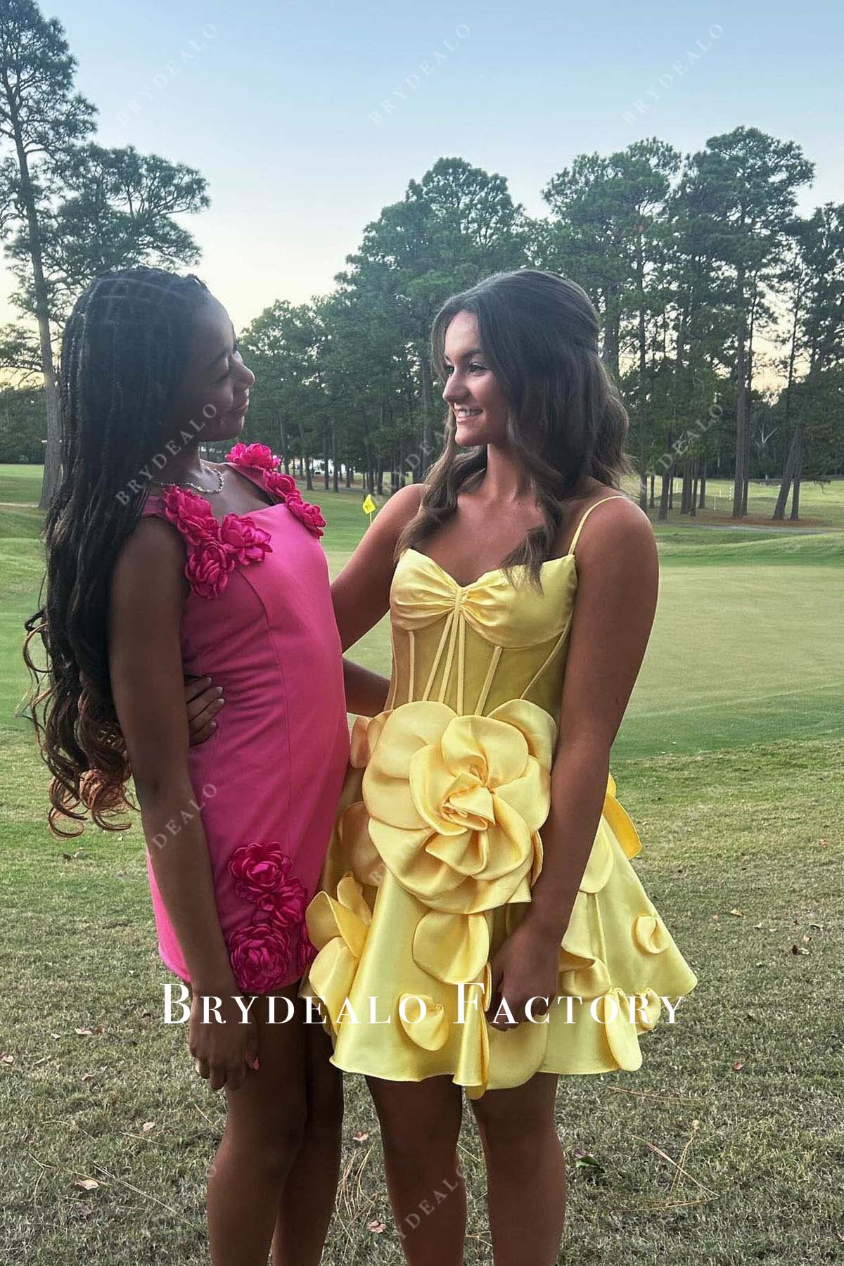 yellow thin straps 3d floral short homecoming dress