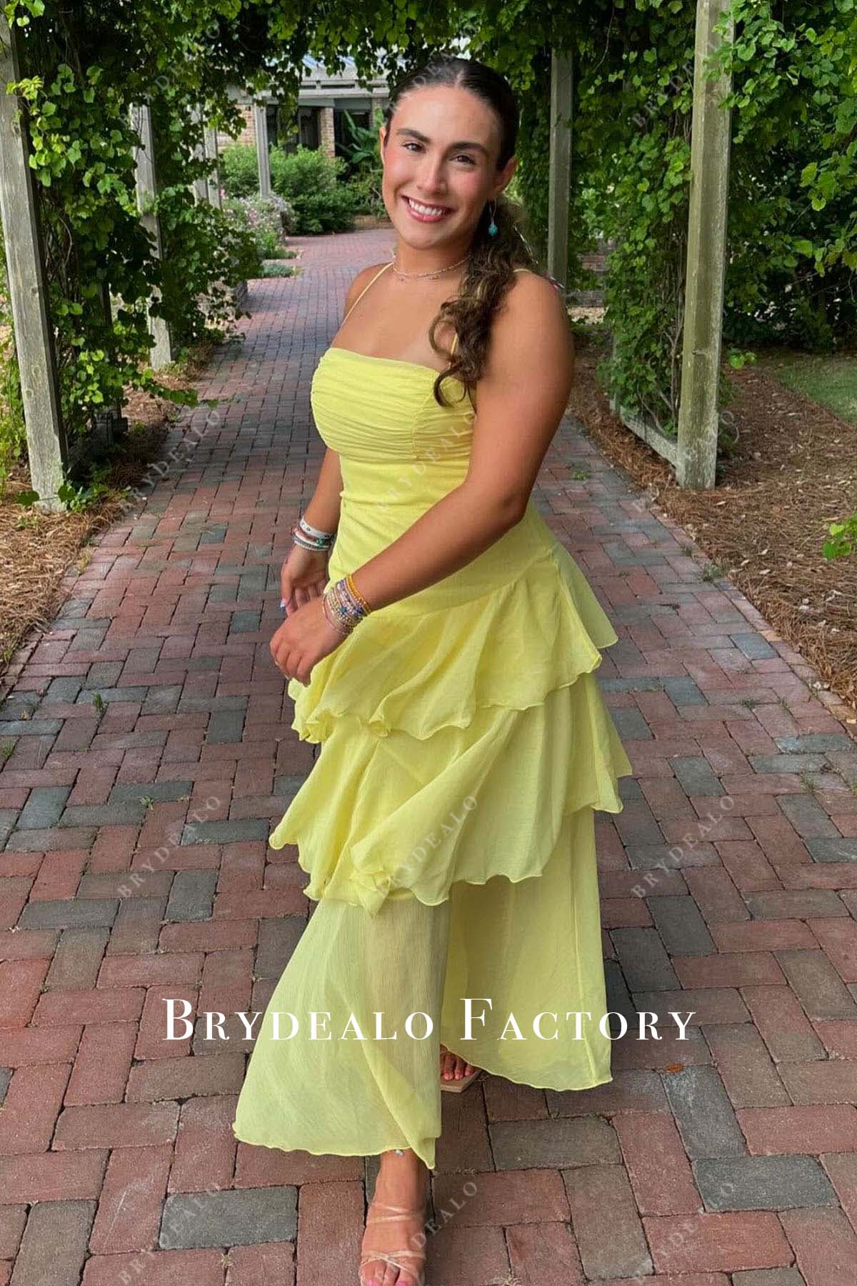 Yellow Thin Straps Layered Ankle Length Prom Dress Yellow Thin Straps Layered Ankle Length Prom Dress