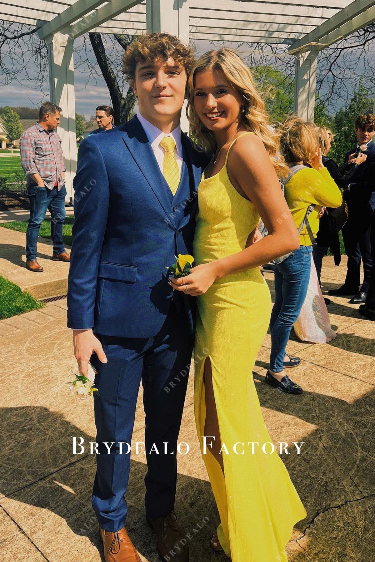 Yellow Thin Straps Slit Floor Length Homecoming Dress