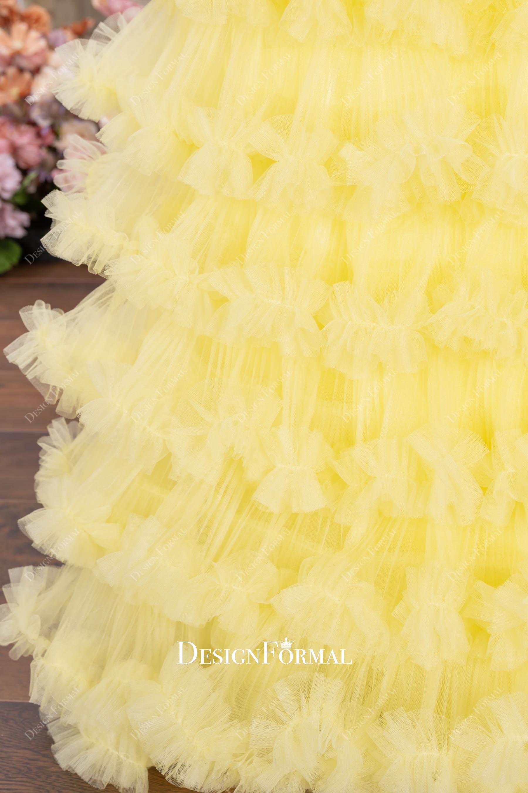yellow tulle layered a line prom dress