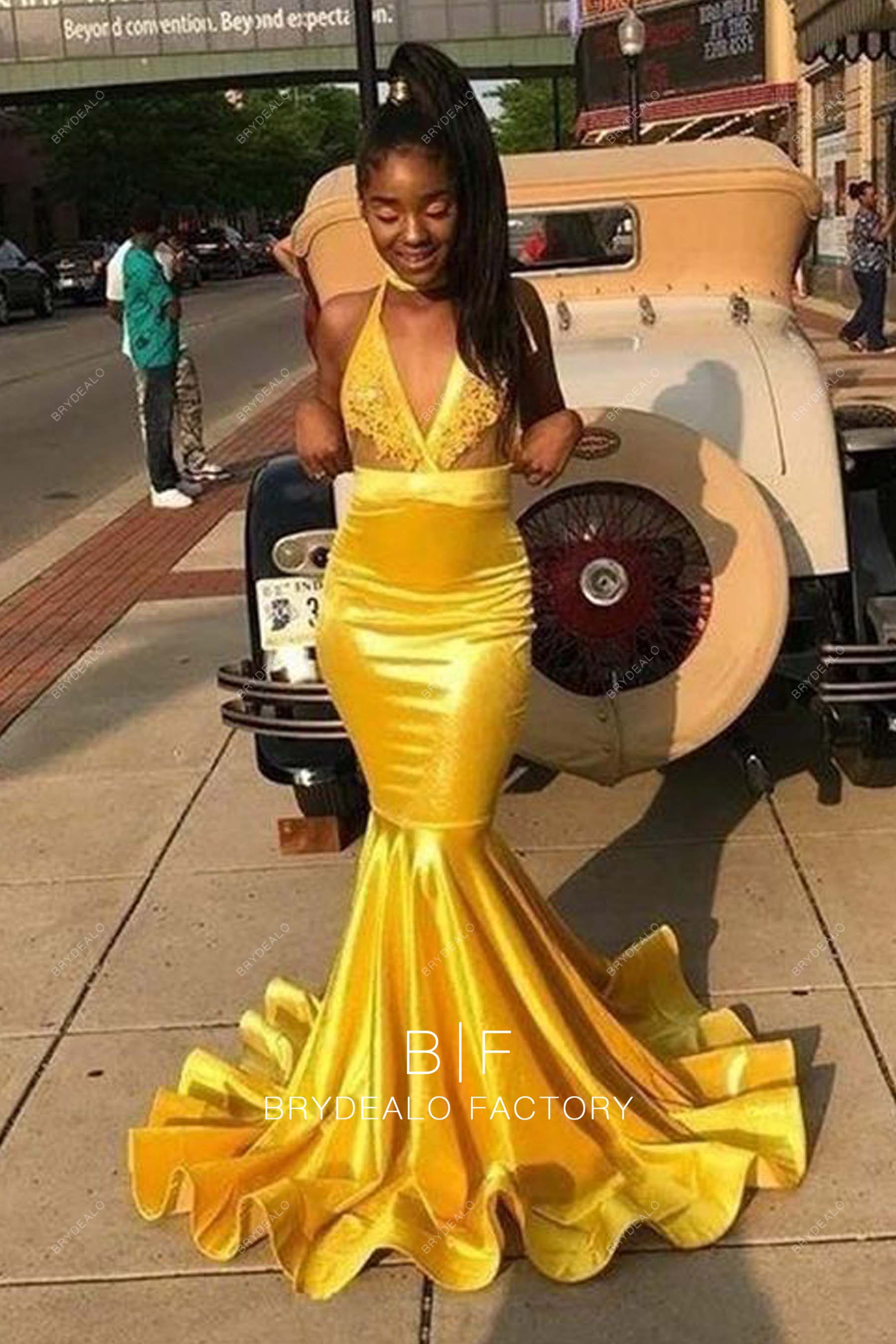 knee length dresses for ladies Long Mermaid Prom Dress with Yellow Lace Halter Neck Corset main image 1