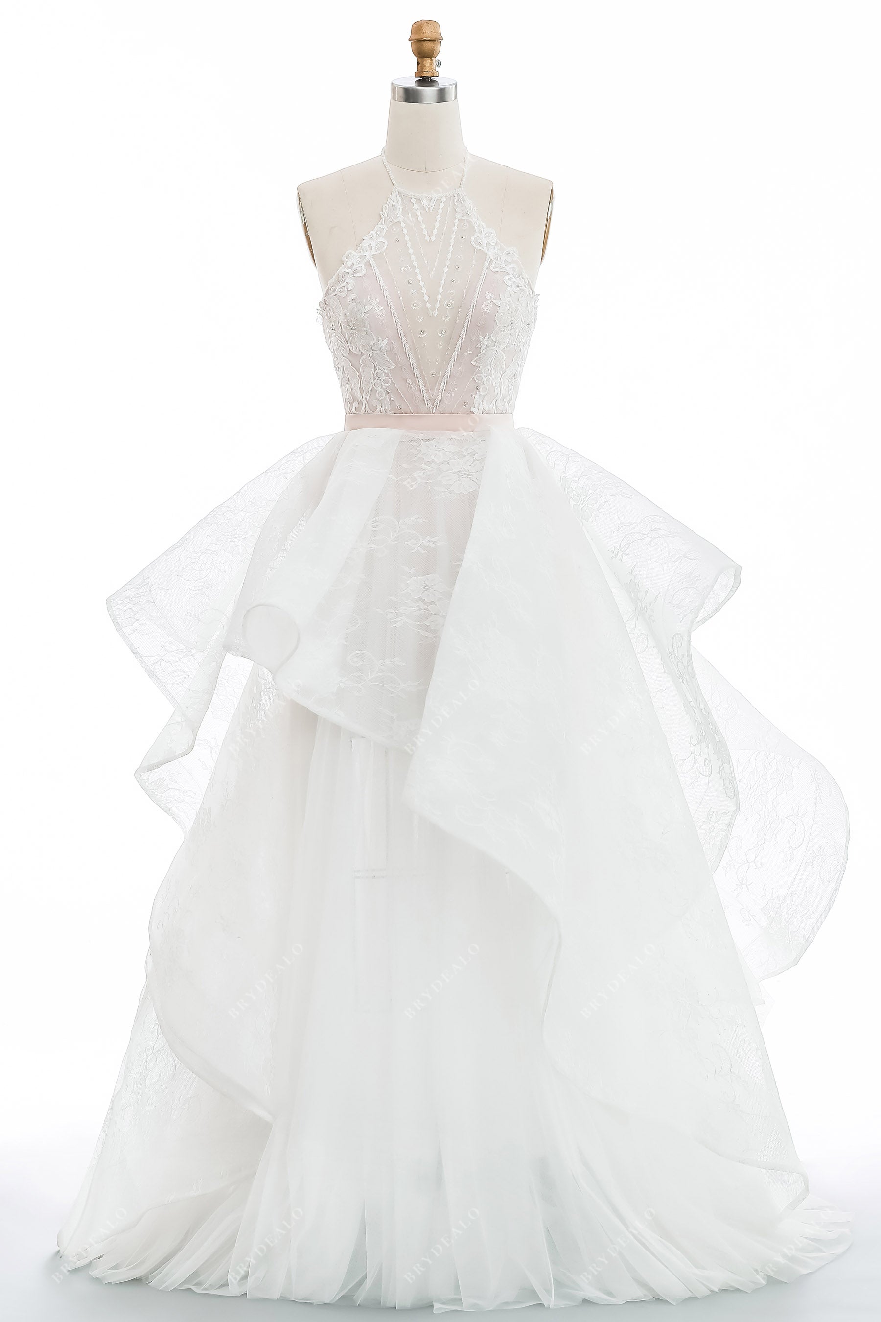 designer structured ruffled overskirt halter neck lace wedding Dress