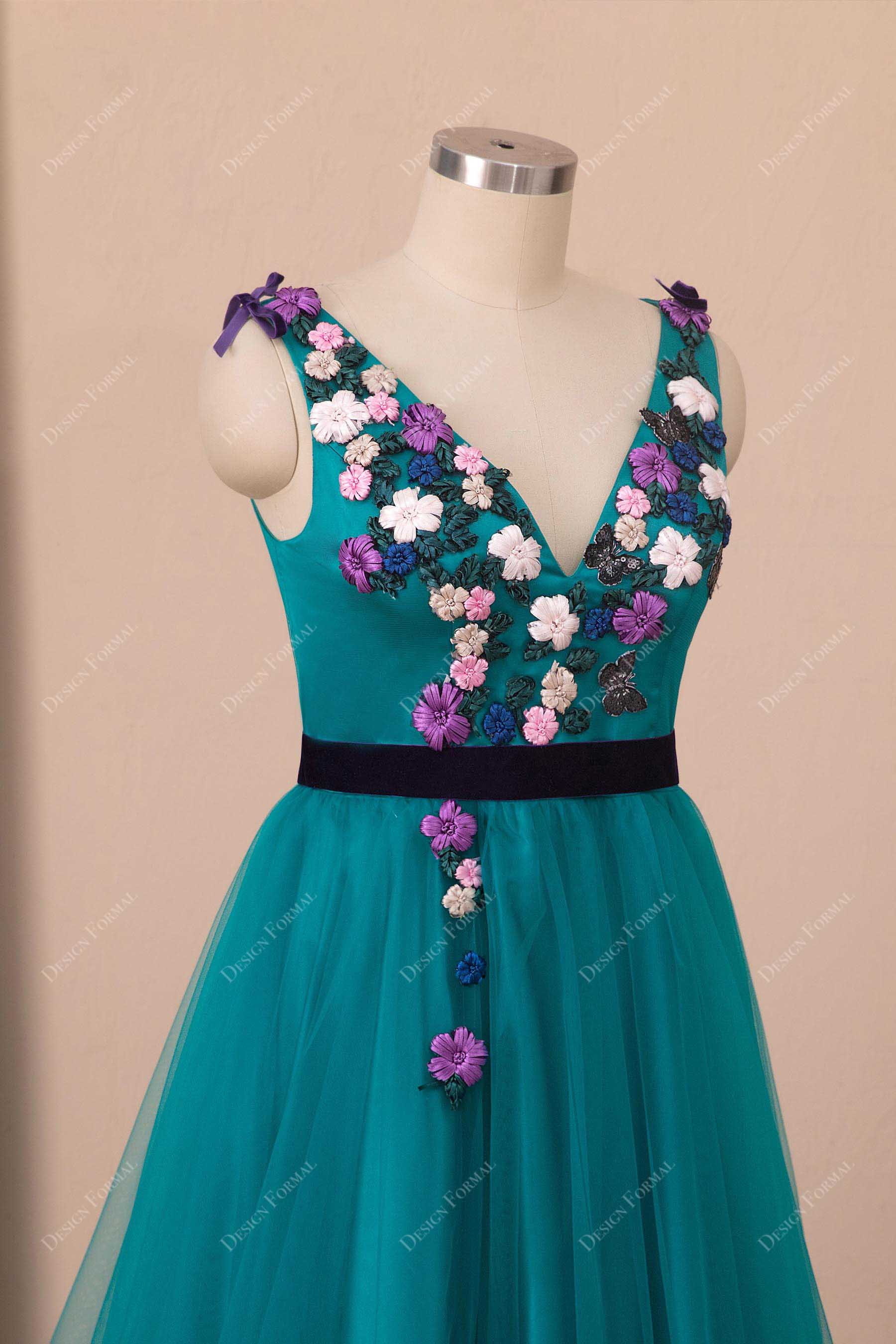 3D flowers teal tulle sleeveless prom dress